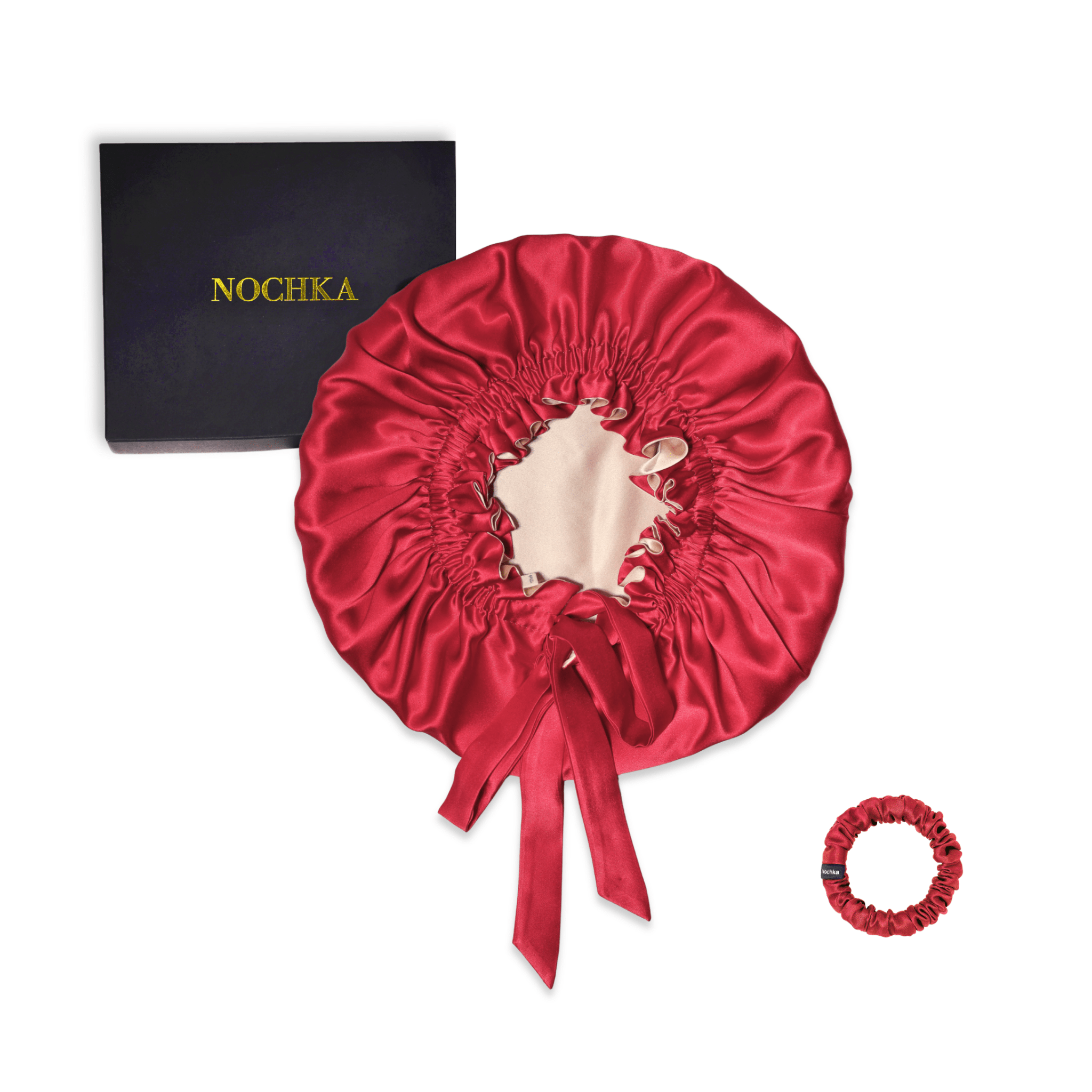 Mulberry Silk Bonnet with Thin Ties – 100% Silk Adjustable 19 Momme Hair Bonnet | Crimson Red and Light Carmel - NOCHKA
