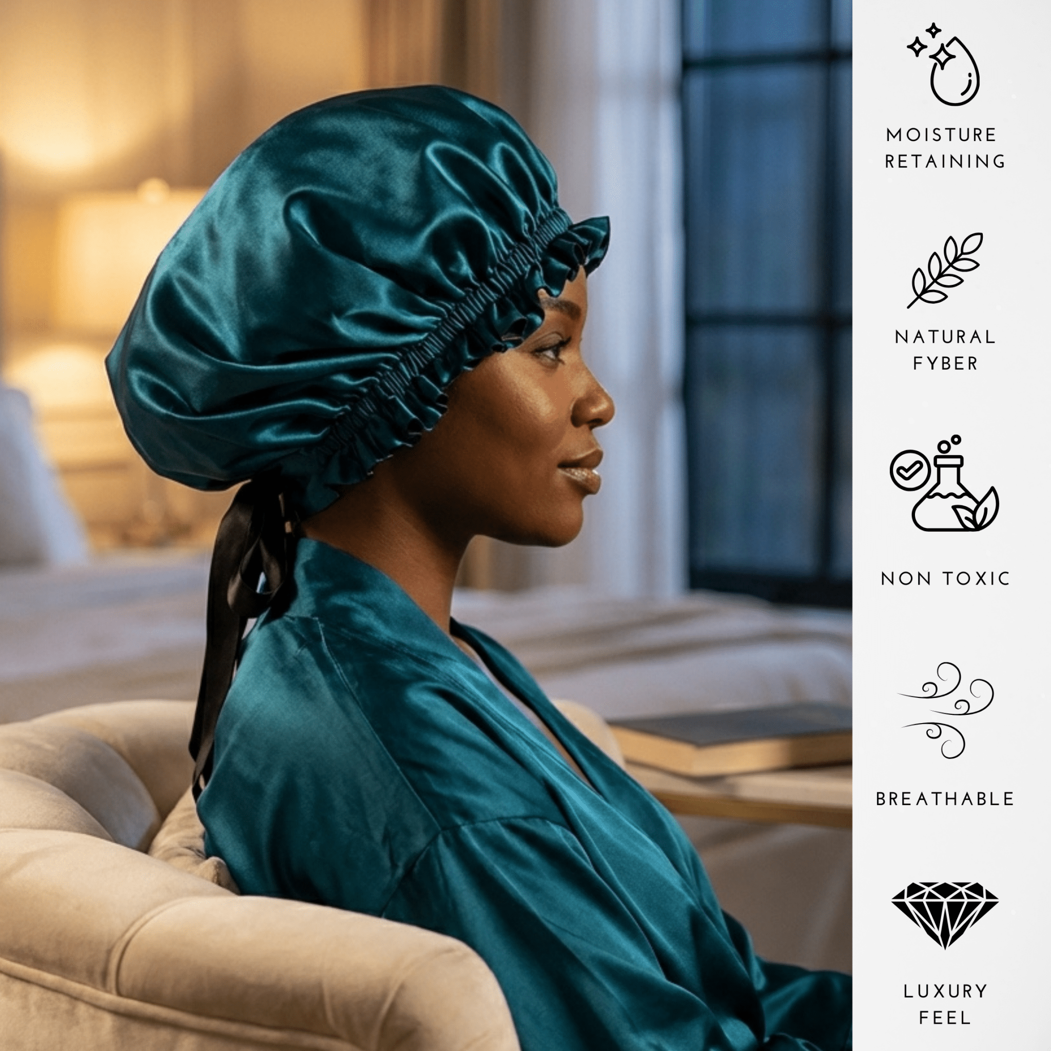 Mulberry Silk Bonnet with Thin Ties – 100% Silk Adjustable 19 Momme Hair Bonnet | Deep Teal and Black - NOCHKA
