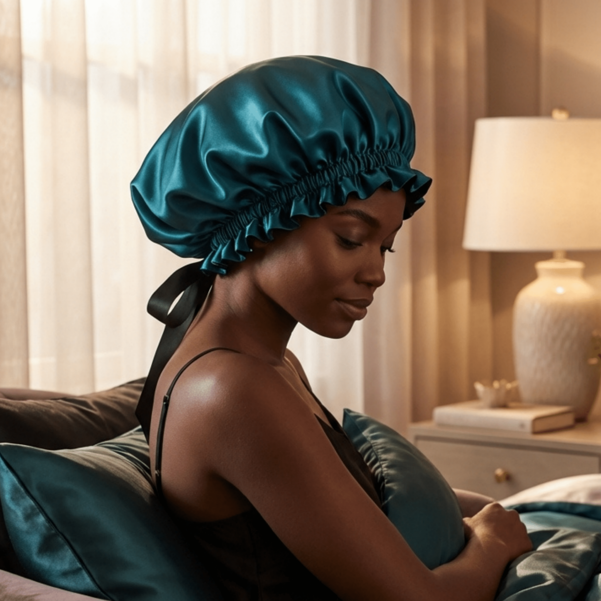 Mulberry Silk Bonnet with Thin Ties – 100% Silk Adjustable 19 Momme Hair Bonnet | Deep Teal and Black - NOCHKA
