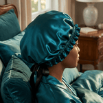 Mulberry Silk Bonnet with Thin Ties – 100% Silk Adjustable 19 Momme Hair Bonnet | Deep Teal and Black - NOCHKA
