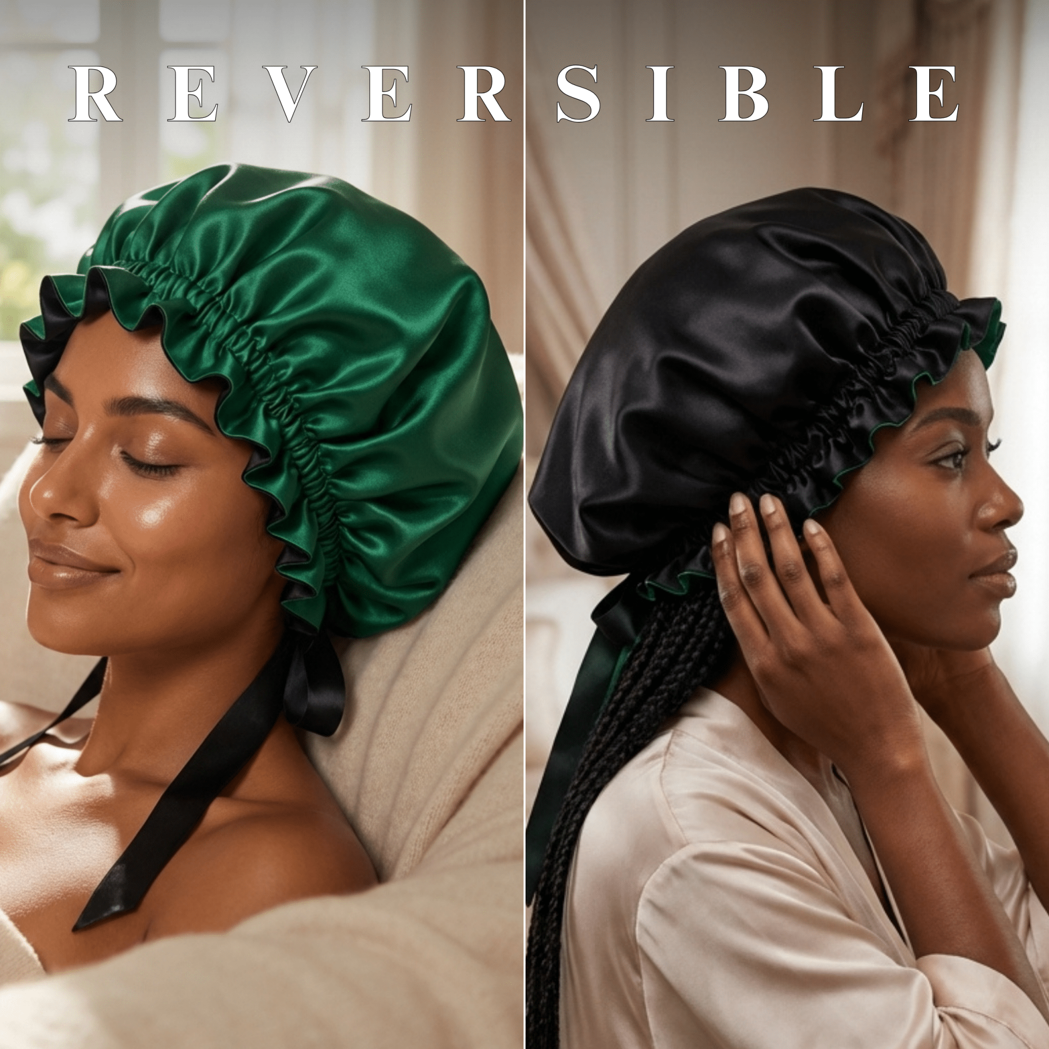 Mulberry Silk Bonnet with Thin Ties – 100% Silk Adjustable 19 Momme Hair Bonnet | Hunter Green and Black - NOCHKA
