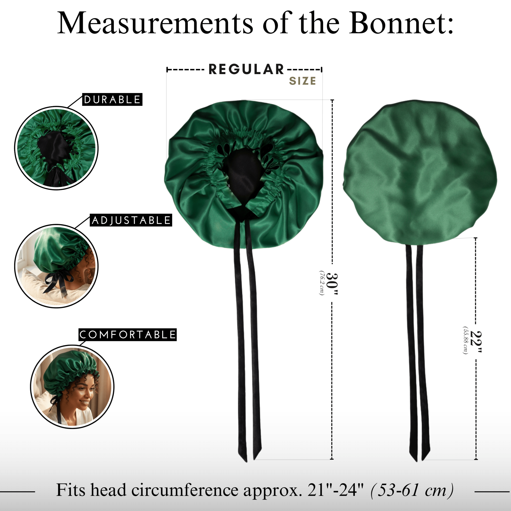 Mulberry Silk Bonnet with Thin Ties – 100% Silk Adjustable 19 Momme Hair Bonnet | Hunter Green and Black - NOCHKA
