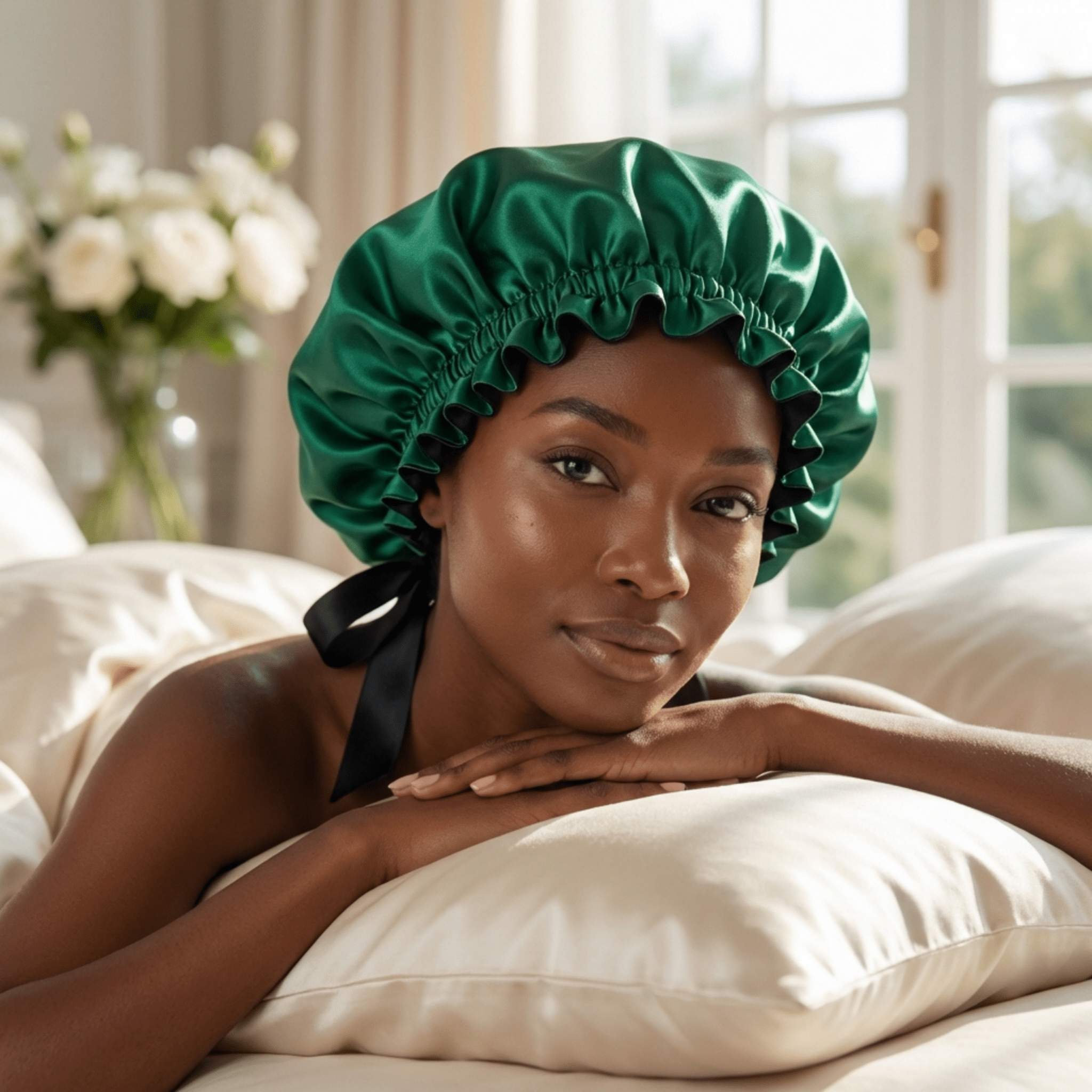 Mulberry Silk Bonnet with Thin Ties – 100% Silk Adjustable 19 Momme Hair Bonnet | Hunter Green and Black - NOCHKA
