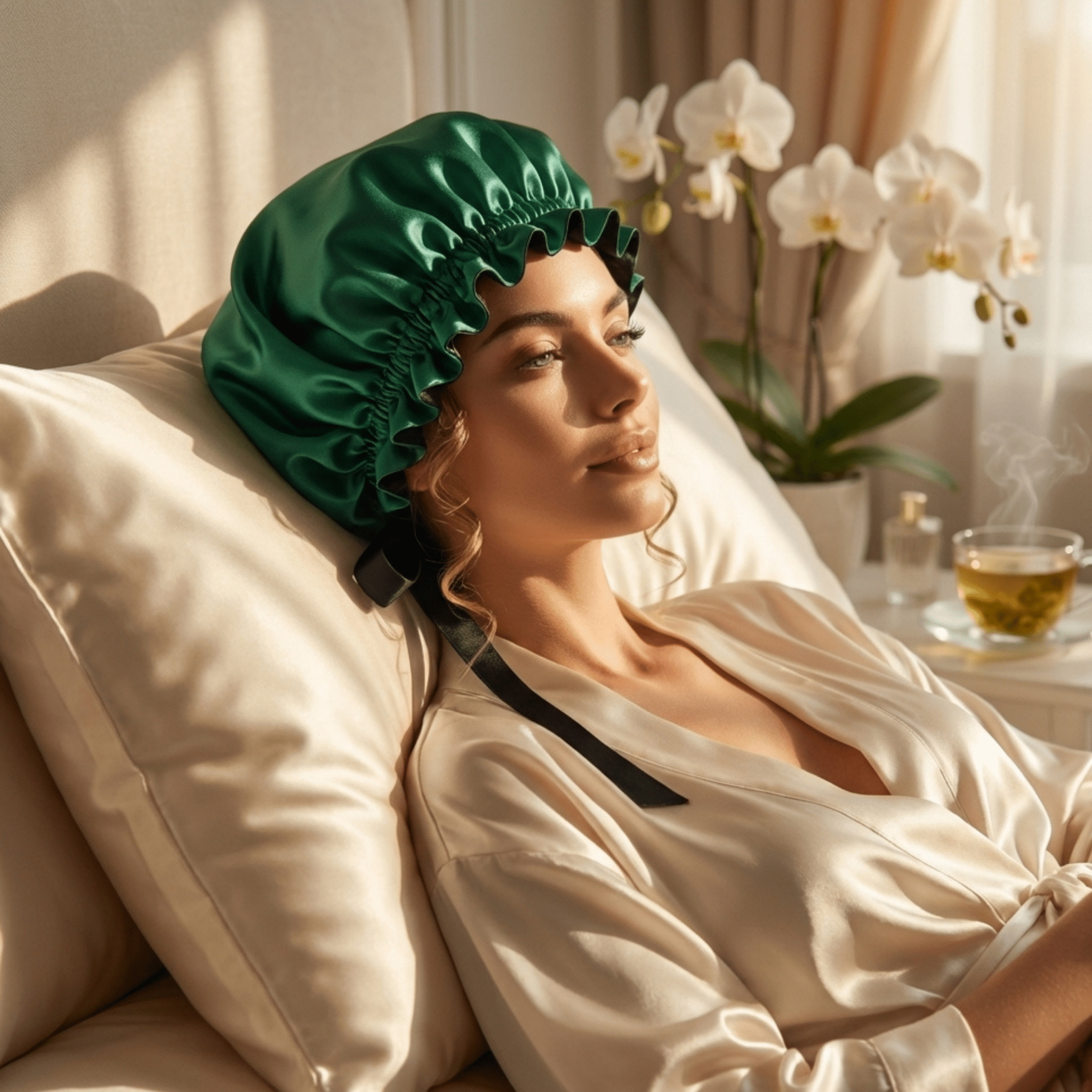 Mulberry Silk Bonnet with Thin Ties – 100% Silk Adjustable 19 Momme Hair Bonnet | Hunter Green and Black - NOCHKA
