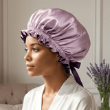 Mulberry Silk Bonnet with Thin Ties – 100% Silk Adjustable 19 Momme Hair Bonnet | Lavender Fog and Deep Purple - NOCHKA
