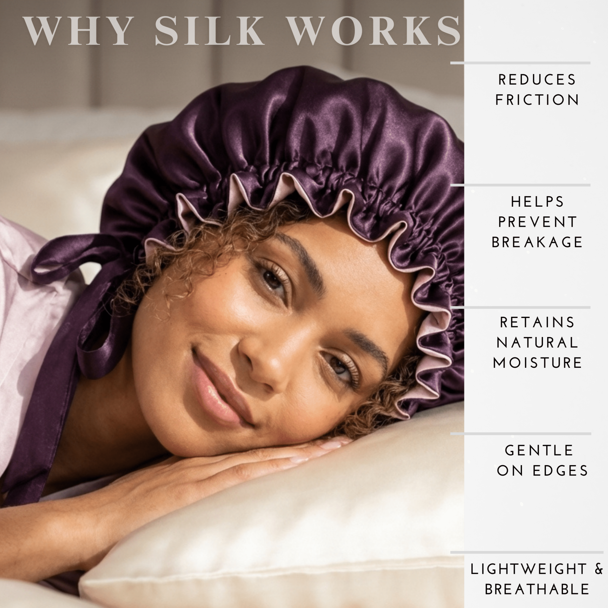 Mulberry Silk Bonnet with Thin Ties – 100% Silk Adjustable 19 Momme Hair Bonnet | Lavender Fog and Deep Purple - NOCHKA
