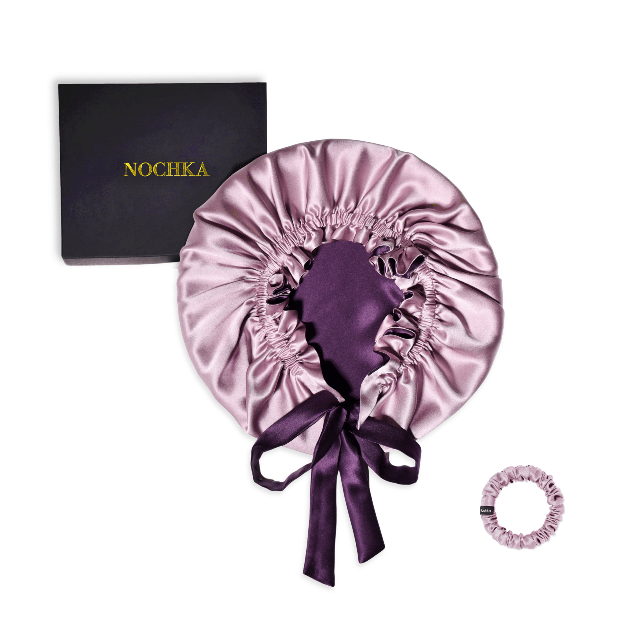 Mulberry Silk Bonnet with Thin Ties – 100% Silk Adjustable 19 Momme Hair Bonnet | Lavender Fog and Deep Purple - NOCHKA
