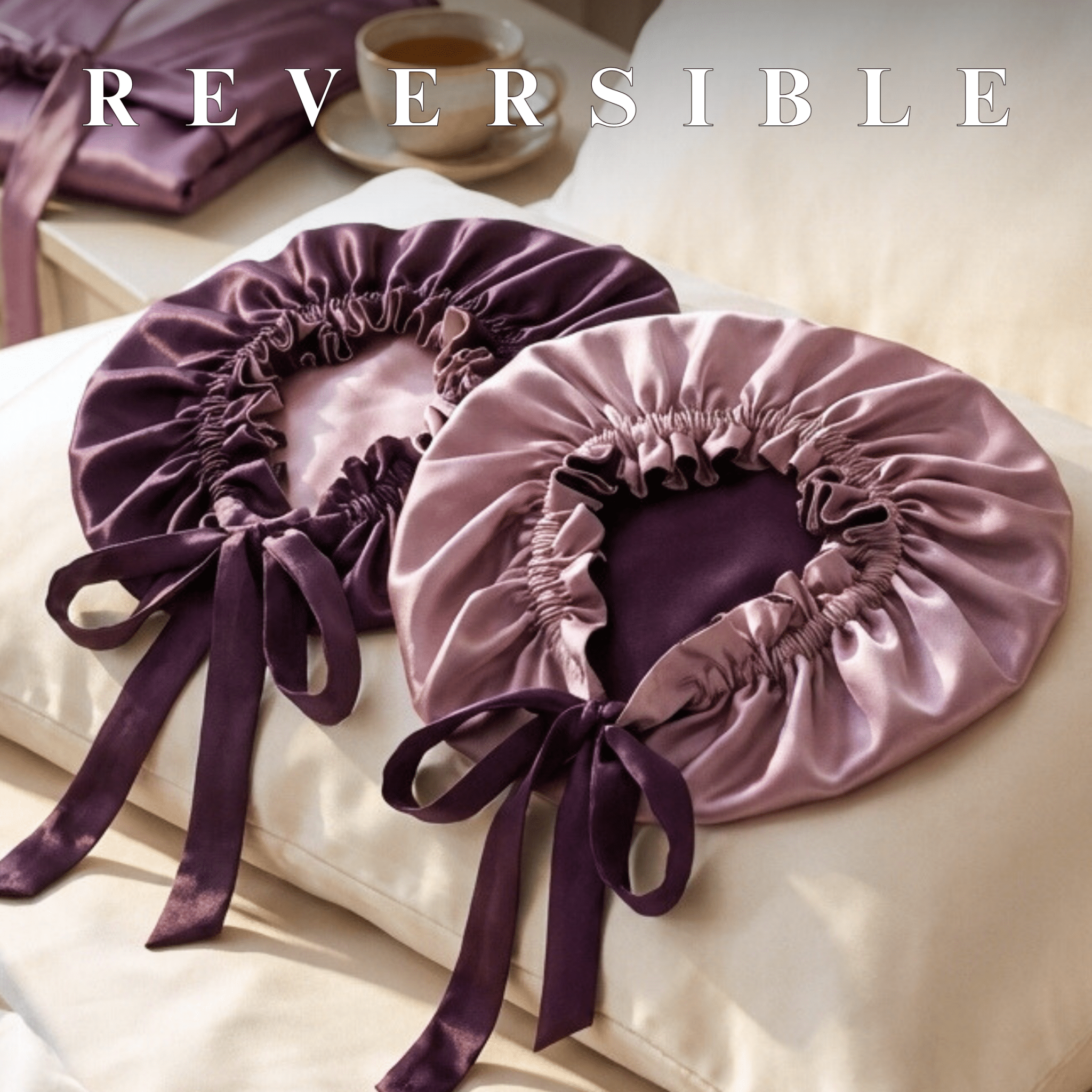 Mulberry Silk Bonnet with Thin Ties – 100% Silk Adjustable 19 Momme Hair Bonnet | Lavender Fog and Deep Purple - NOCHKA
