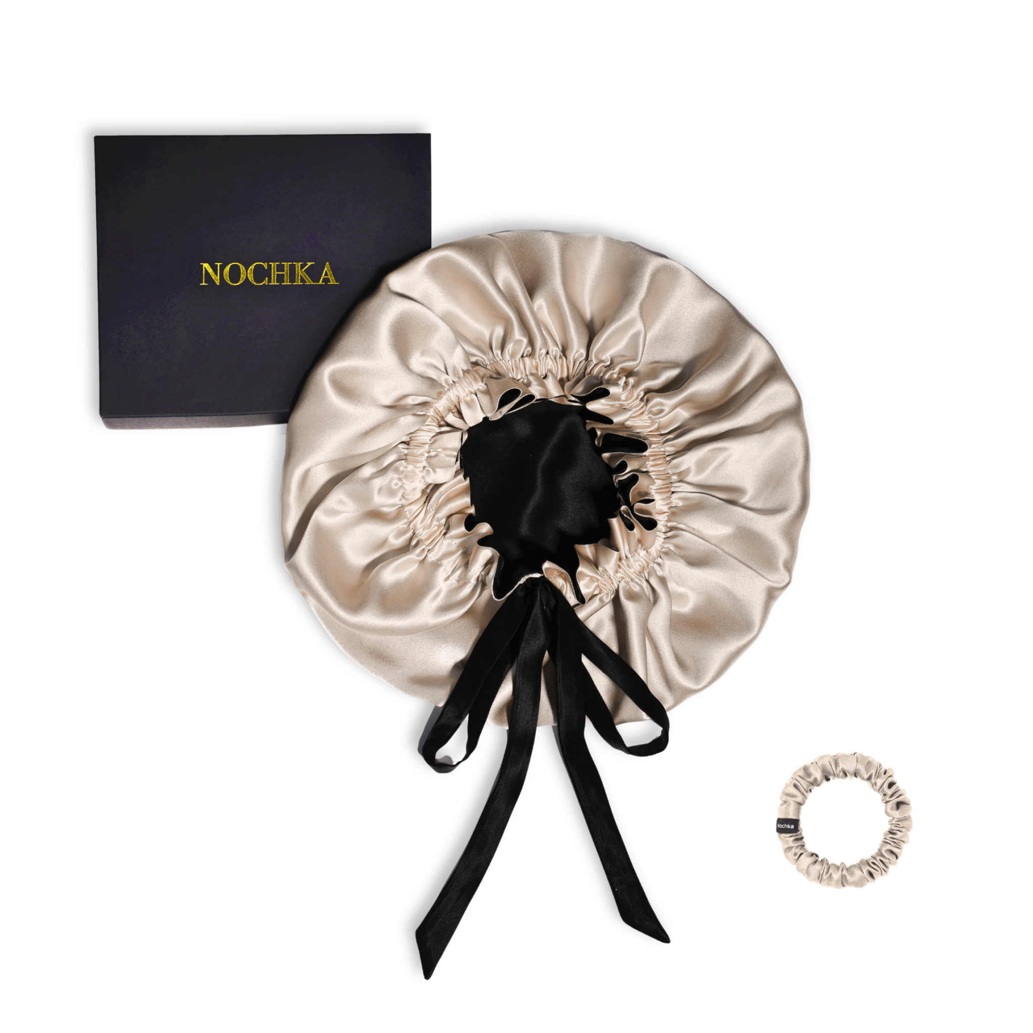 Mulberry Silk Bonnet with Thin Ties – 100% Silk Adjustable 19 Momme Hair Bonnet | Light Caramel and Black - NOCHKA
