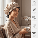 Mulberry Silk Bonnet with Thin Ties – 100% Silk Adjustable 19 Momme Hair Bonnet | Light Caramel and Black - NOCHKA
