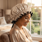 Mulberry Silk Bonnet with Thin Ties – 100% Silk Adjustable 19 Momme Hair Bonnet | Light Caramel and Black - NOCHKA
