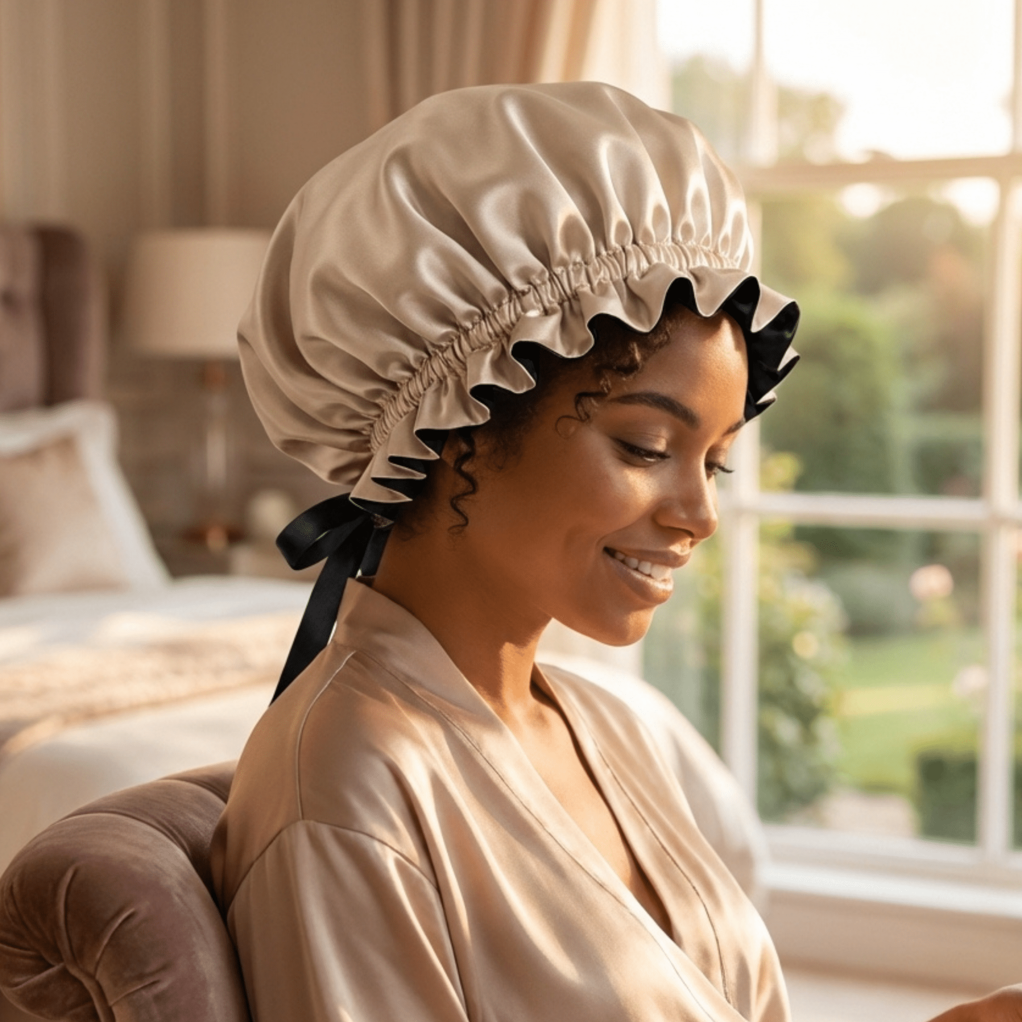 Mulberry Silk Bonnet with Thin Ties – 100% Silk Adjustable 19 Momme Hair Bonnet | Light Caramel and Black - NOCHKA
