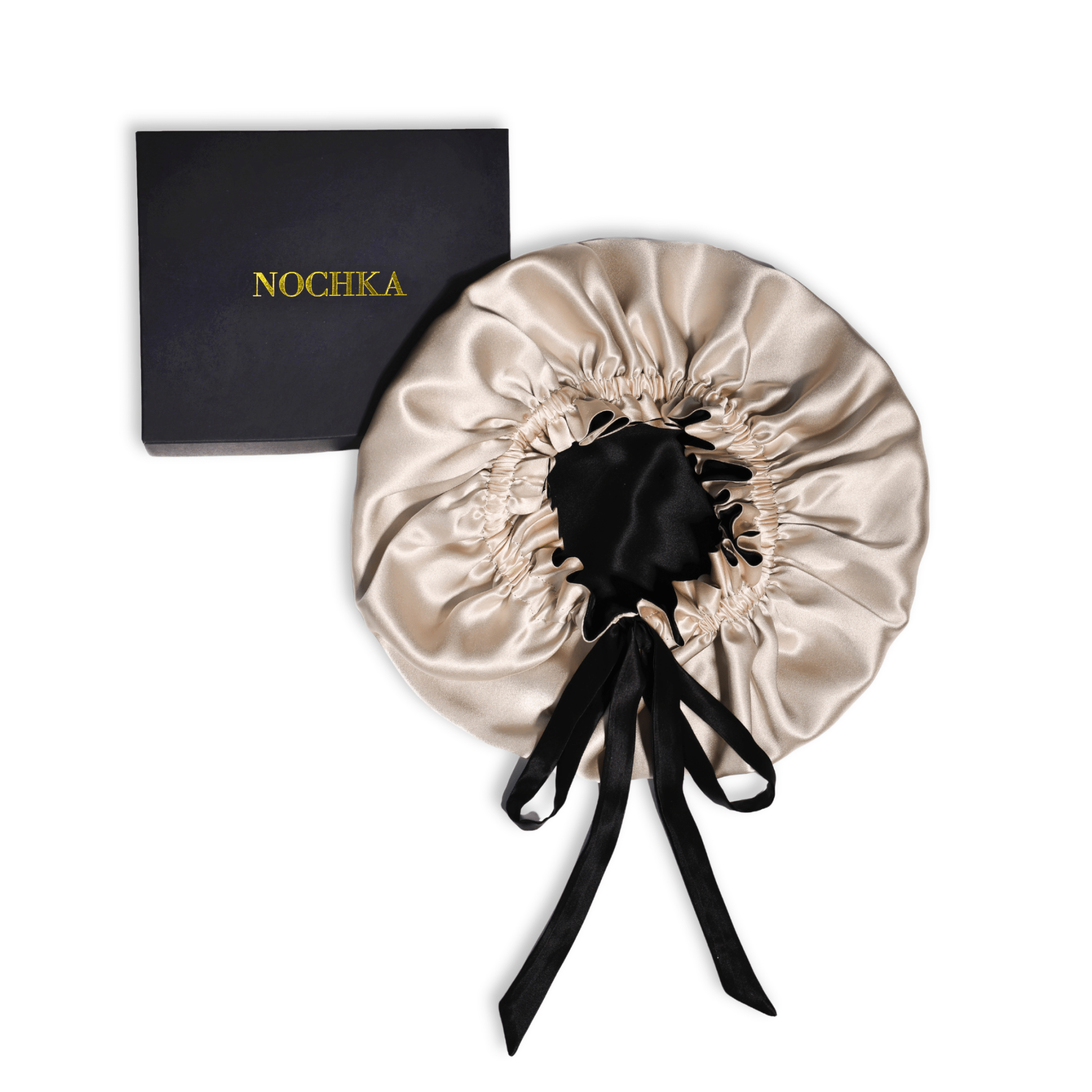 Mulberry Silk Bonnet with Thin Ties – 100% Silk Adjustable 19 Momme Hair Bonnet | Light Caramel and Black - NOCHKA

