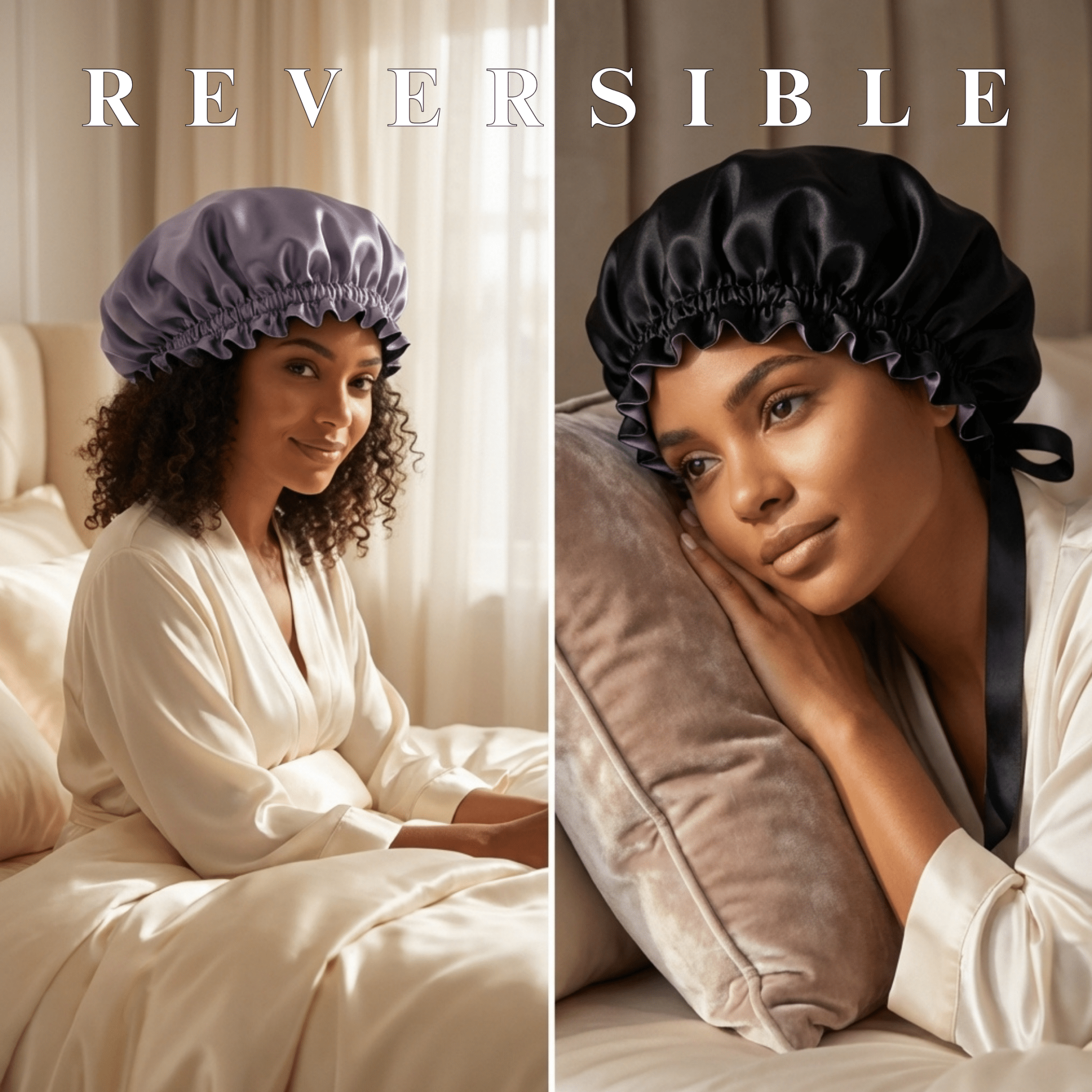 Mulberry Silk Bonnet with Thin Ties – 100% Silk Adjustable 19 Momme Hair Bonnet | Midnight Lavender and Black - NOCHKA
