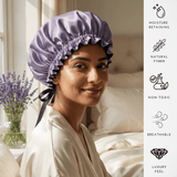 Mulberry Silk Bonnet with Thin Ties – 100% Silk Adjustable 19 Momme Hair Bonnet | Midnight Lavender and Black - NOCHKA
