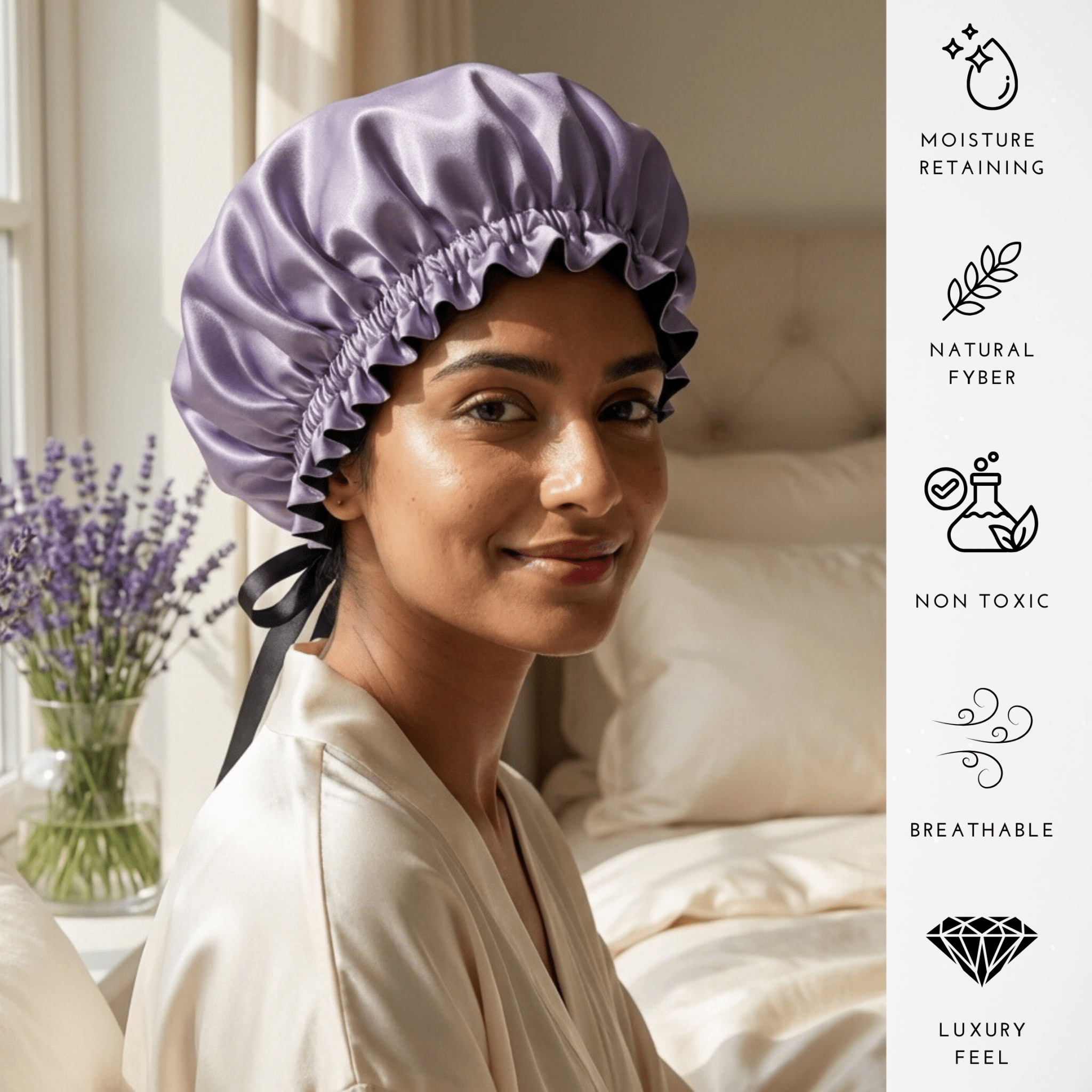 Mulberry Silk Bonnet with Thin Ties – 100% Silk Adjustable 19 Momme Hair Bonnet | Midnight Lavender and Black - NOCHKA
