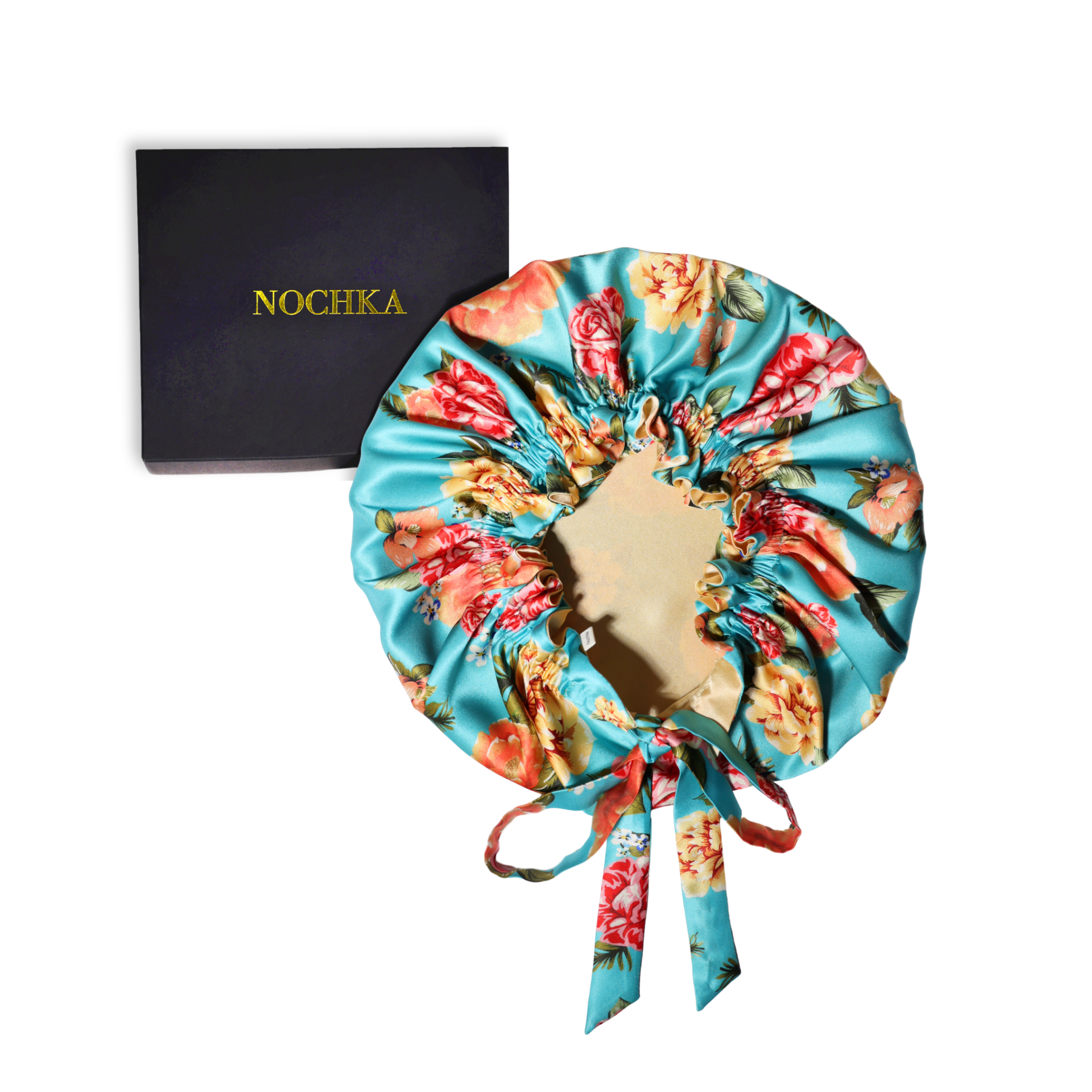 Mulberry Silk Bonnet with Thin Ties – 100% Silk Adjustable 19 Momme Hair Bonnet | Peonies on Aqua - NOCHKA
