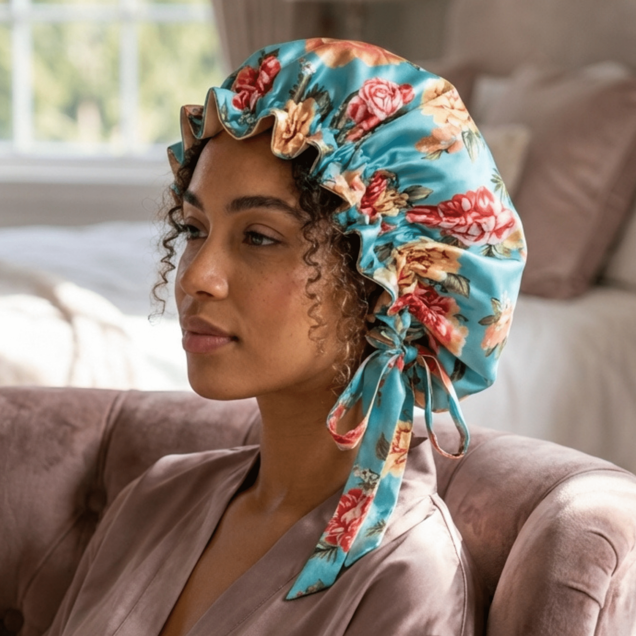 Mulberry Silk Bonnet with Thin Ties – 100% Silk Adjustable 19 Momme Hair Bonnet | Peonies on Aqua - NOCHKA
