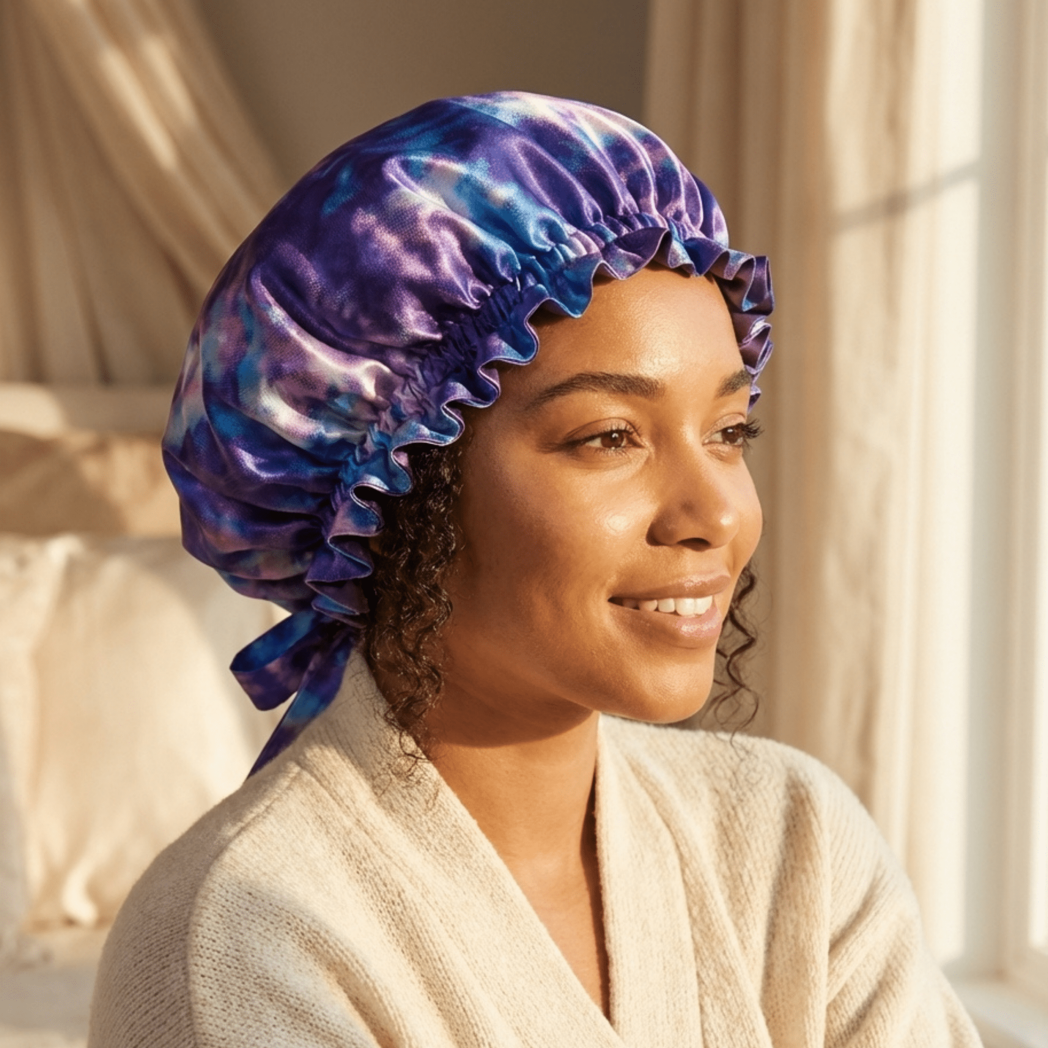 Mulberry Silk Bonnet with Thin Ties – 100% Silk Adjustable 19 Momme Hair Bonnet | Purple Way and Iris - NOCHKA
