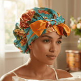 Mulberry Silk Bonnet with Ties – 100% Silk Reversible 19 Momme Hair Bonnet | Peonies on Aqua and Orange - NOCHKA
