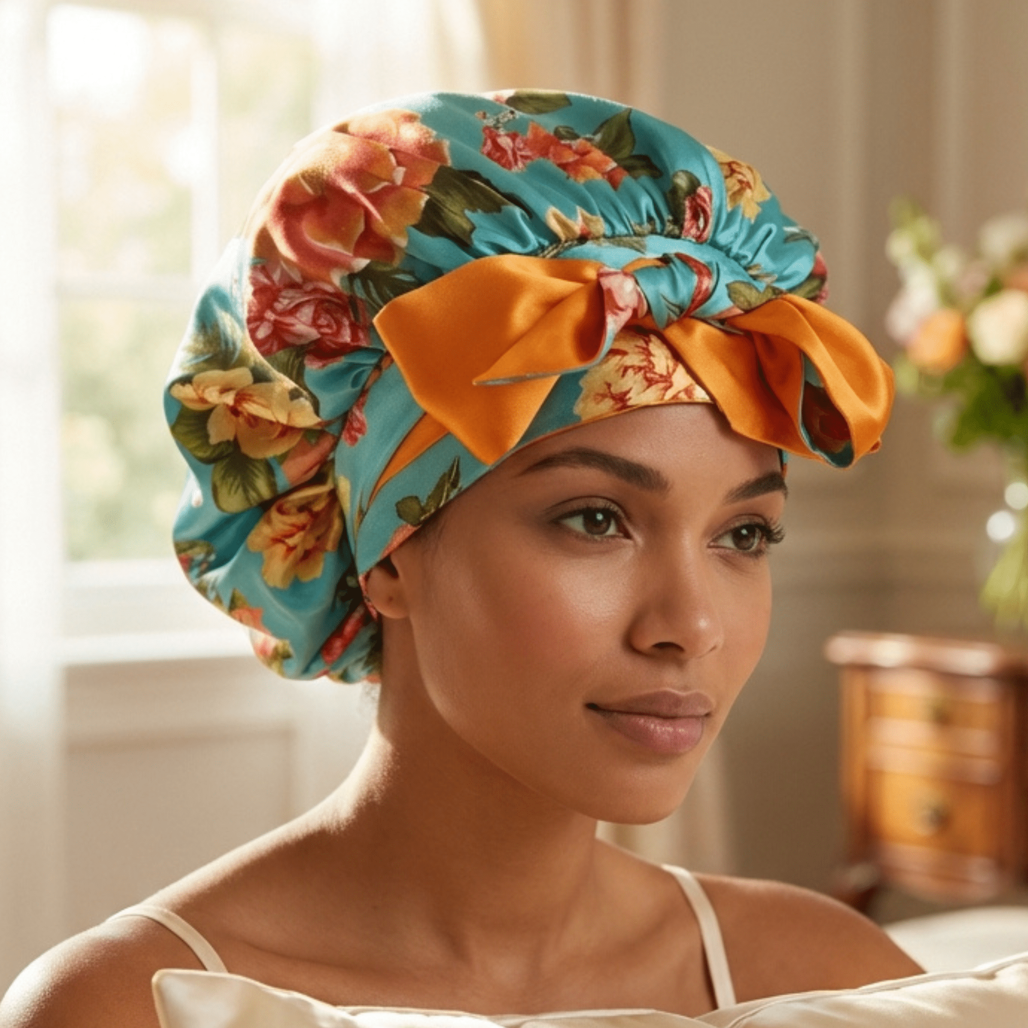 Mulberry Silk Bonnet with Ties – 100% Silk Reversible 19 Momme Hair Bonnet | Peonies on Aqua and Orange - NOCHKA
