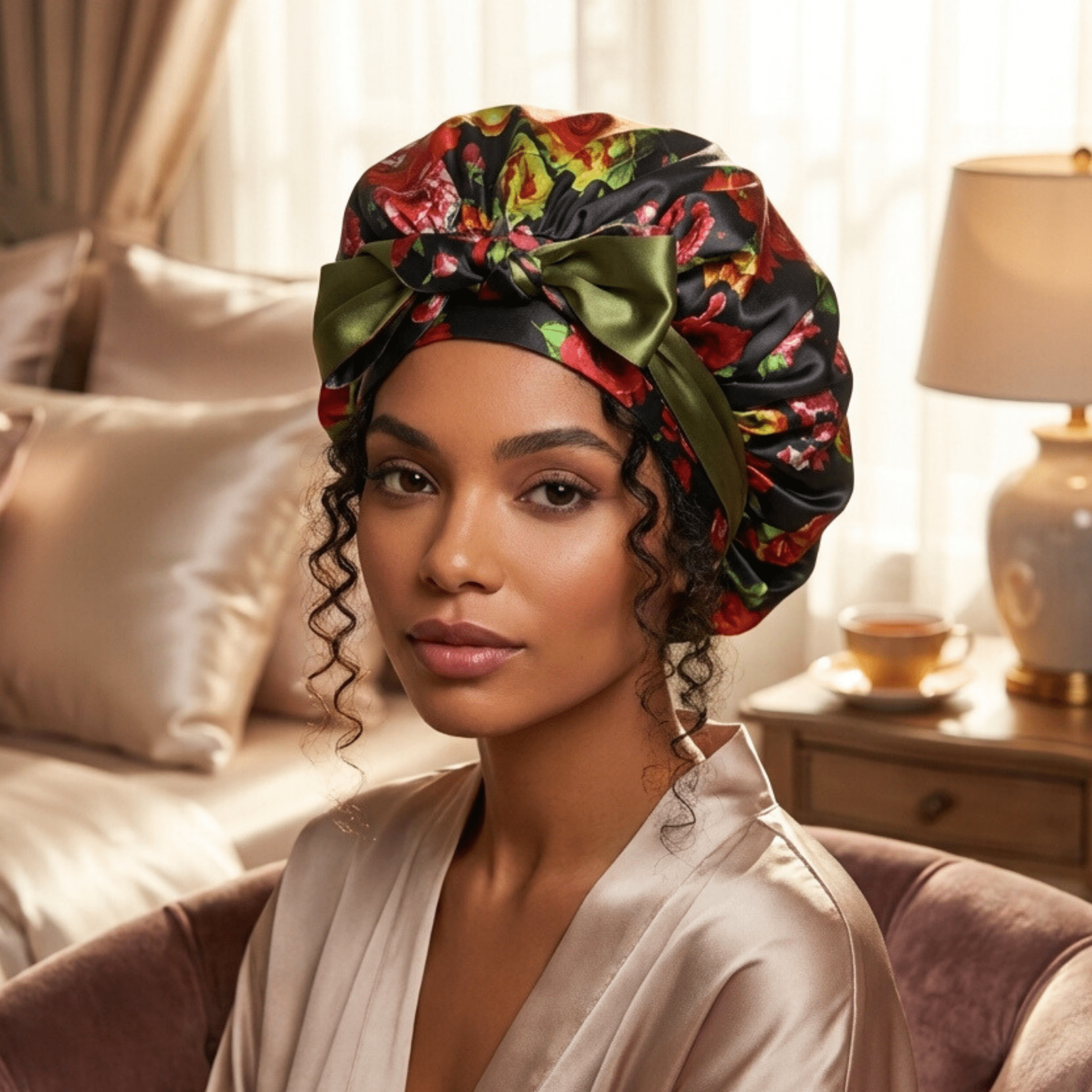 Mulberry Silk Bonnet with Ties – 100% Silk Reversible 19 Momme Hair Bonnet | Peonies on Black - NOCHKA
