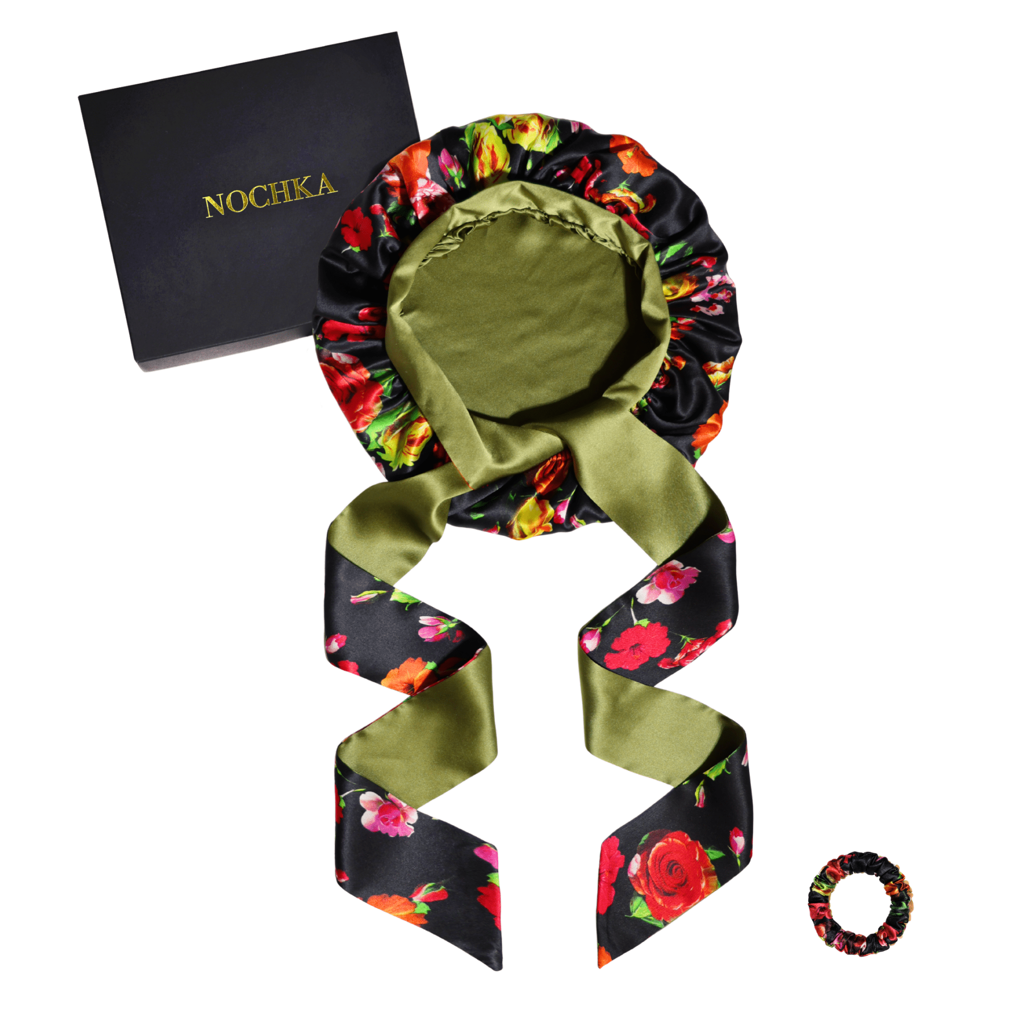 Mulberry Silk Bonnet with Ties – 100% Silk Reversible 19 Momme Hair Bonnet | Peonies on Black - NOCHKA
