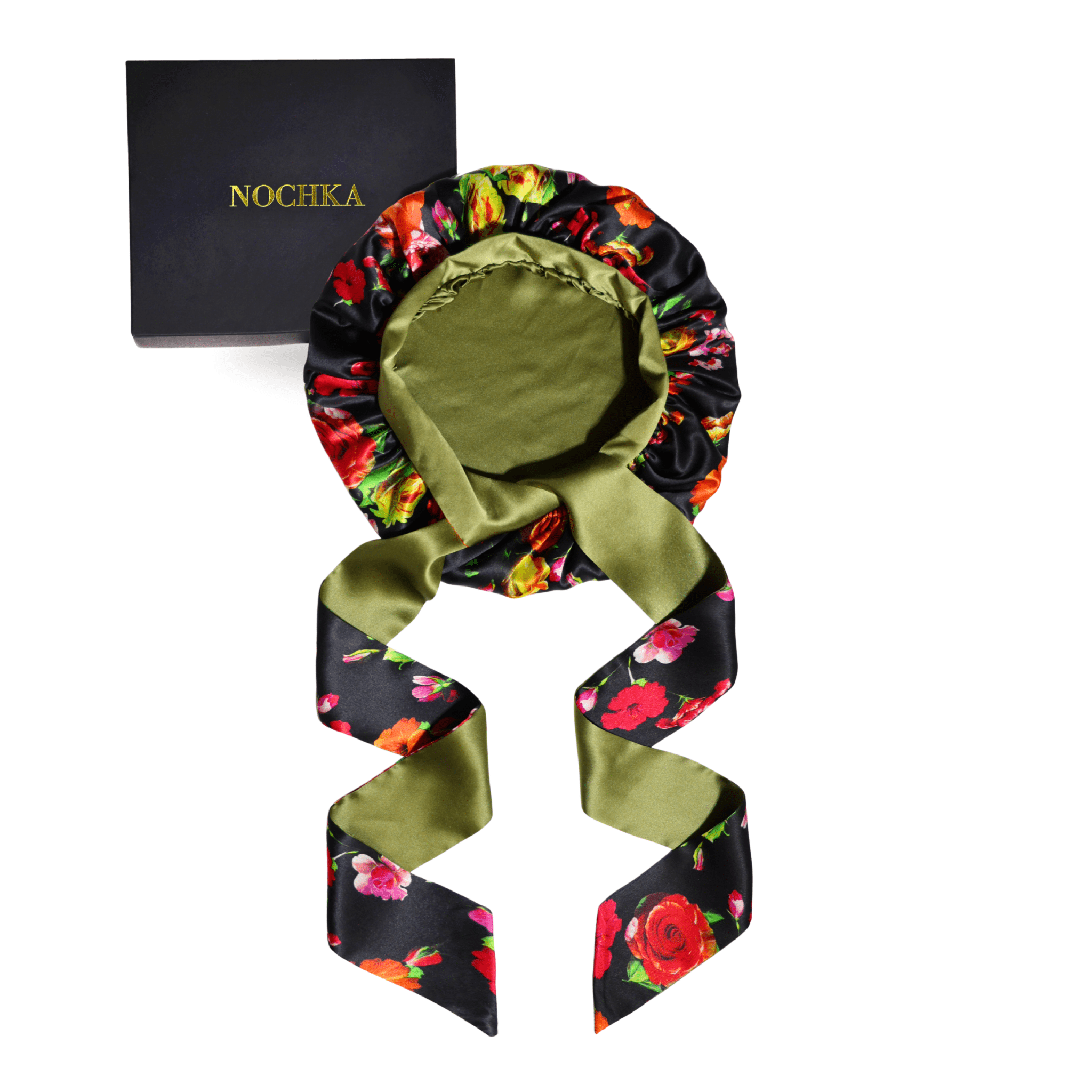 Mulberry Silk Bonnet with Ties – 100% Silk Reversible 19 Momme Hair Bonnet | Peonies on Black - NOCHKA

