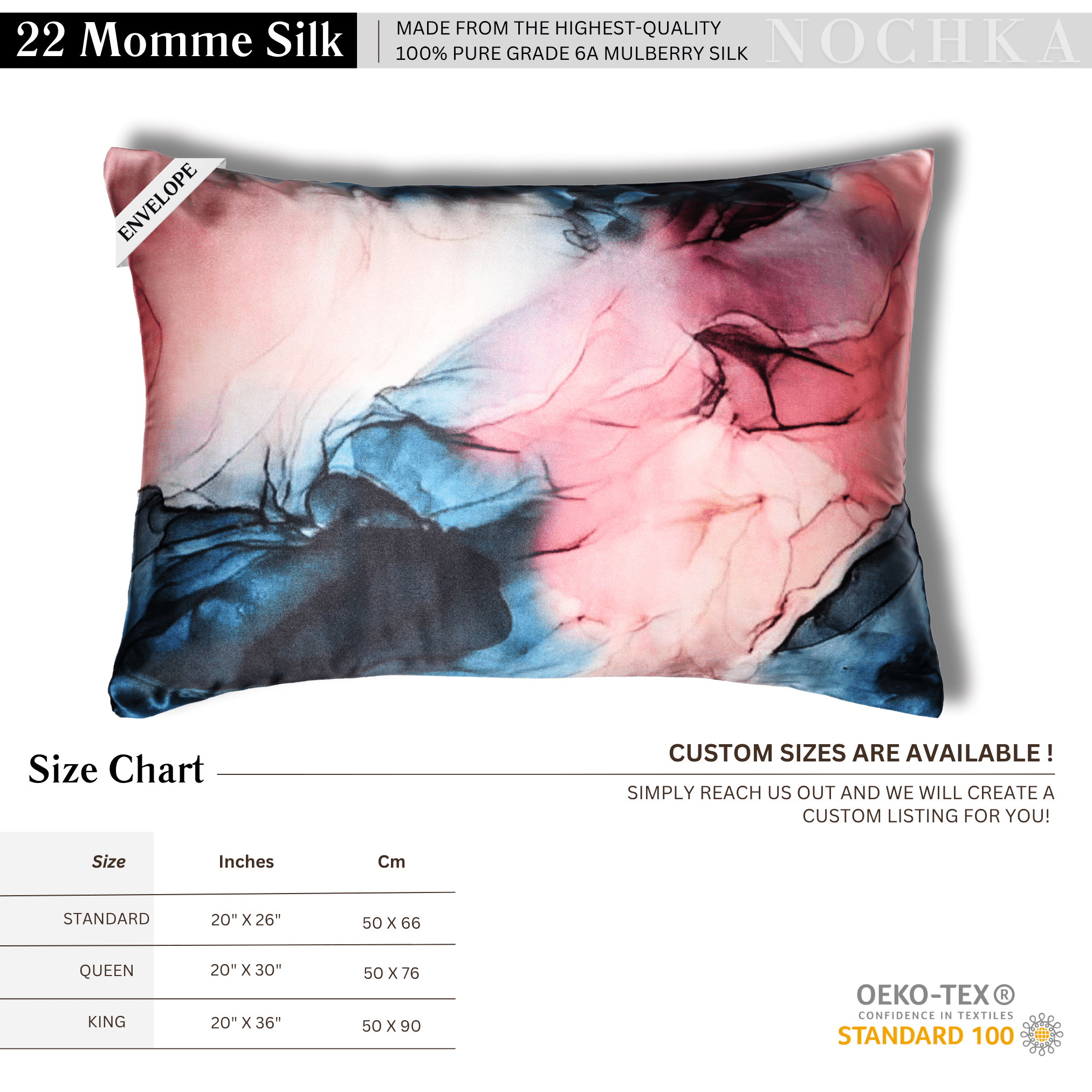 Navy Blue and Blush 100% Pure Mulberry Silk Pillowcase - Envelope - NOCHKA
