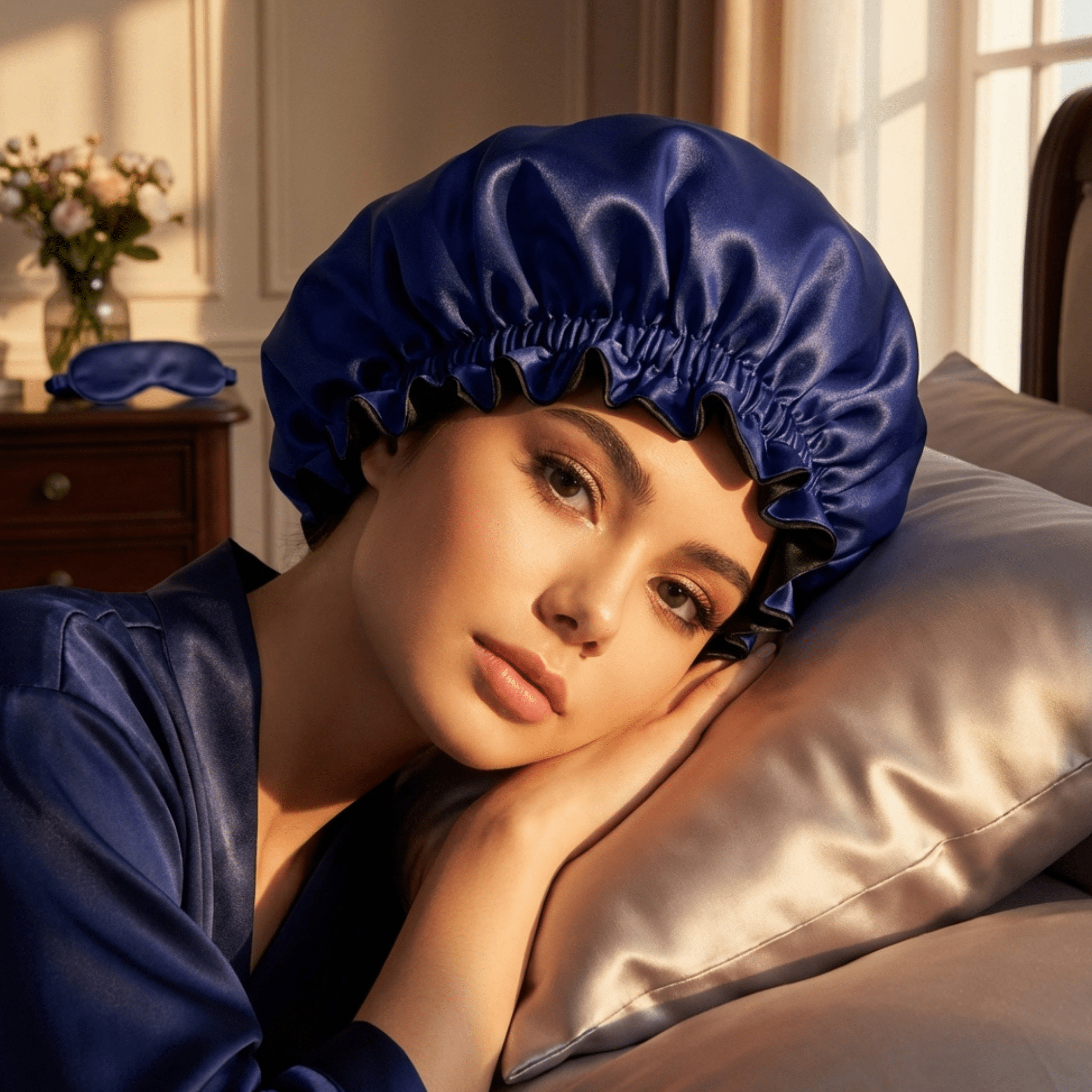 Navy Blue & Black Pure Mulberry Silk Bonnet – Reversible & Durable - NOCHKA
