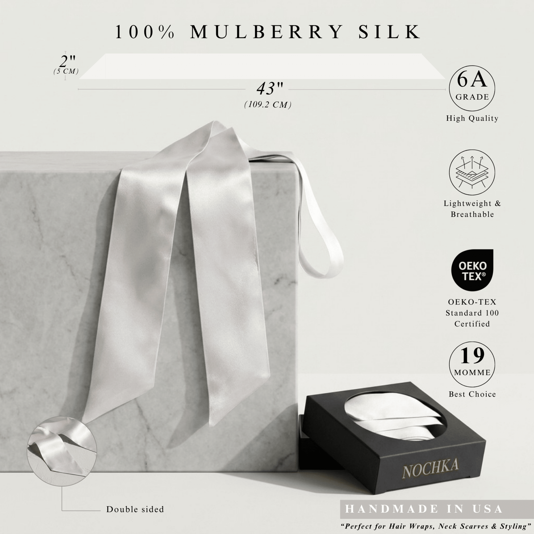 NOCHKA 100% Mulberry Silk Square Scarf – 2"x43" | 19 Momme 6A Grade Silk - NOCHKA
