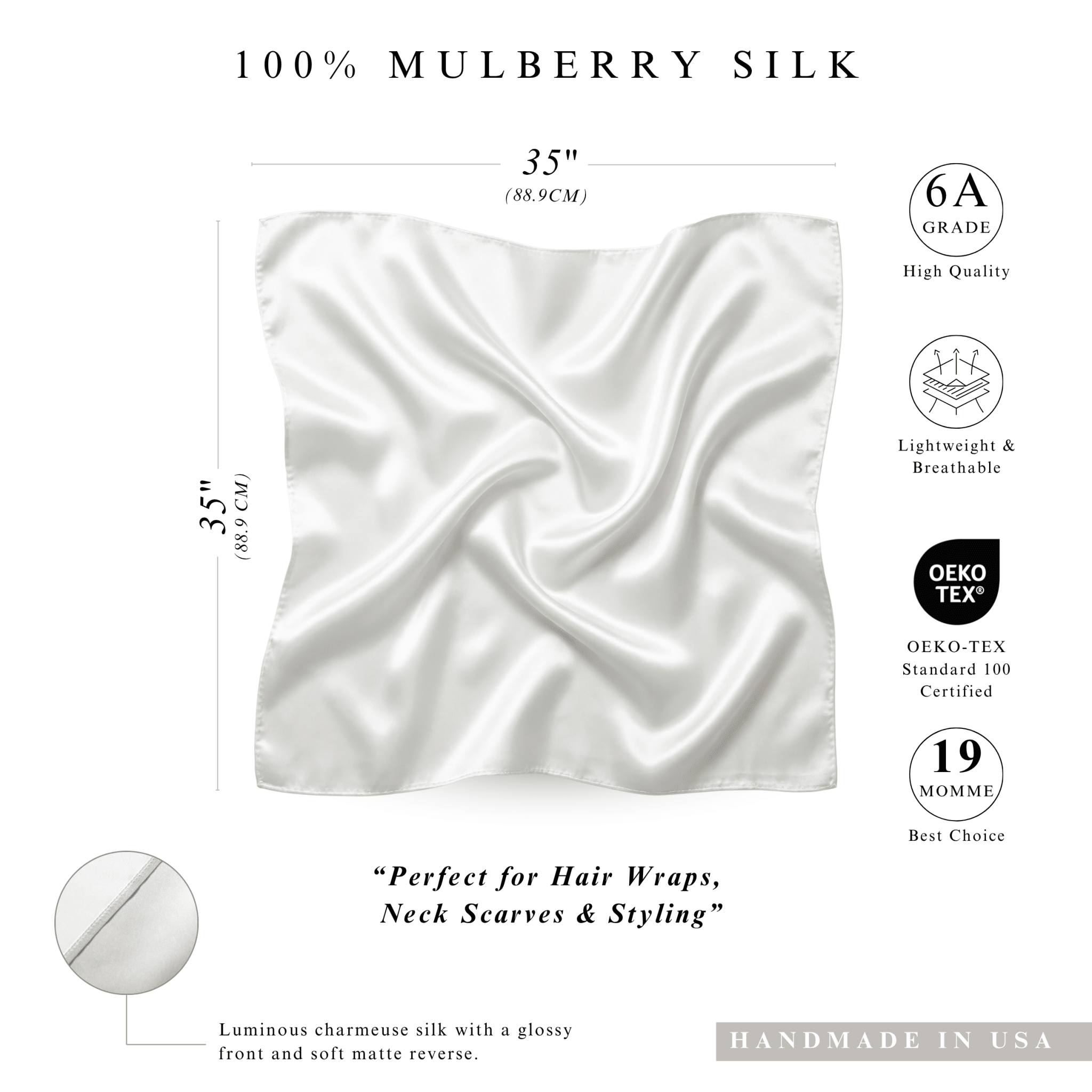 NOCHKA 100% Mulberry Silk Square Scarf – 35"x35" | 19 Momme 6A Grade Silk - NOCHKA
