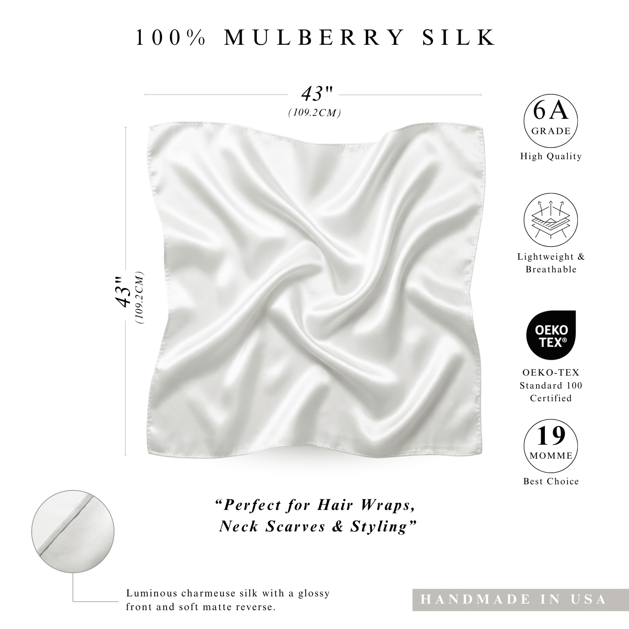 NOCHKA 100% Mulberry Silk Square Scarf – 43"x43" | 19 Momme 6A Grade Silk - NOCHKA
