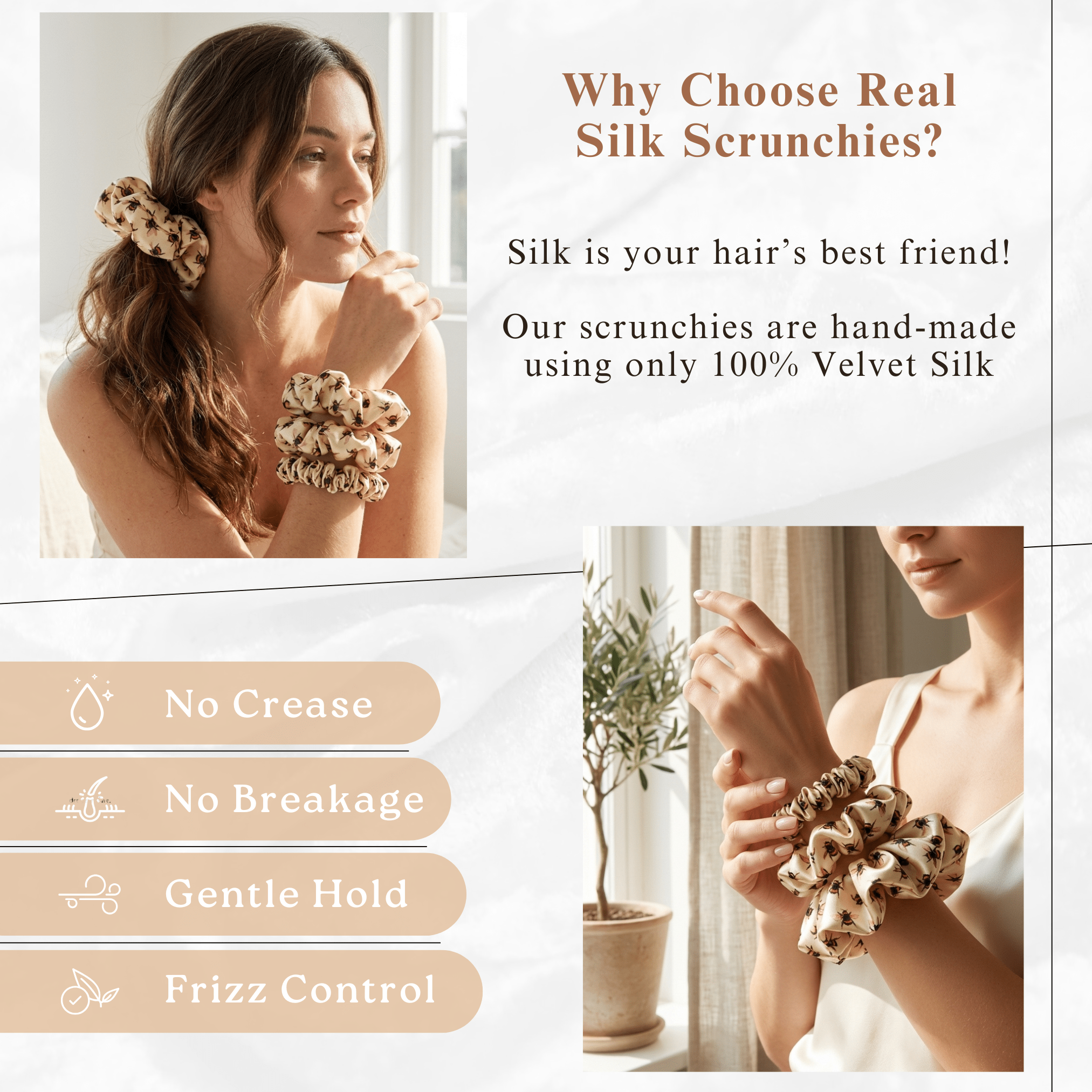 NOCHKA Bee's Print of Silk Scrunchies – Ultra Thin, Skinny, Regular & Jumbo - NOCHKA

