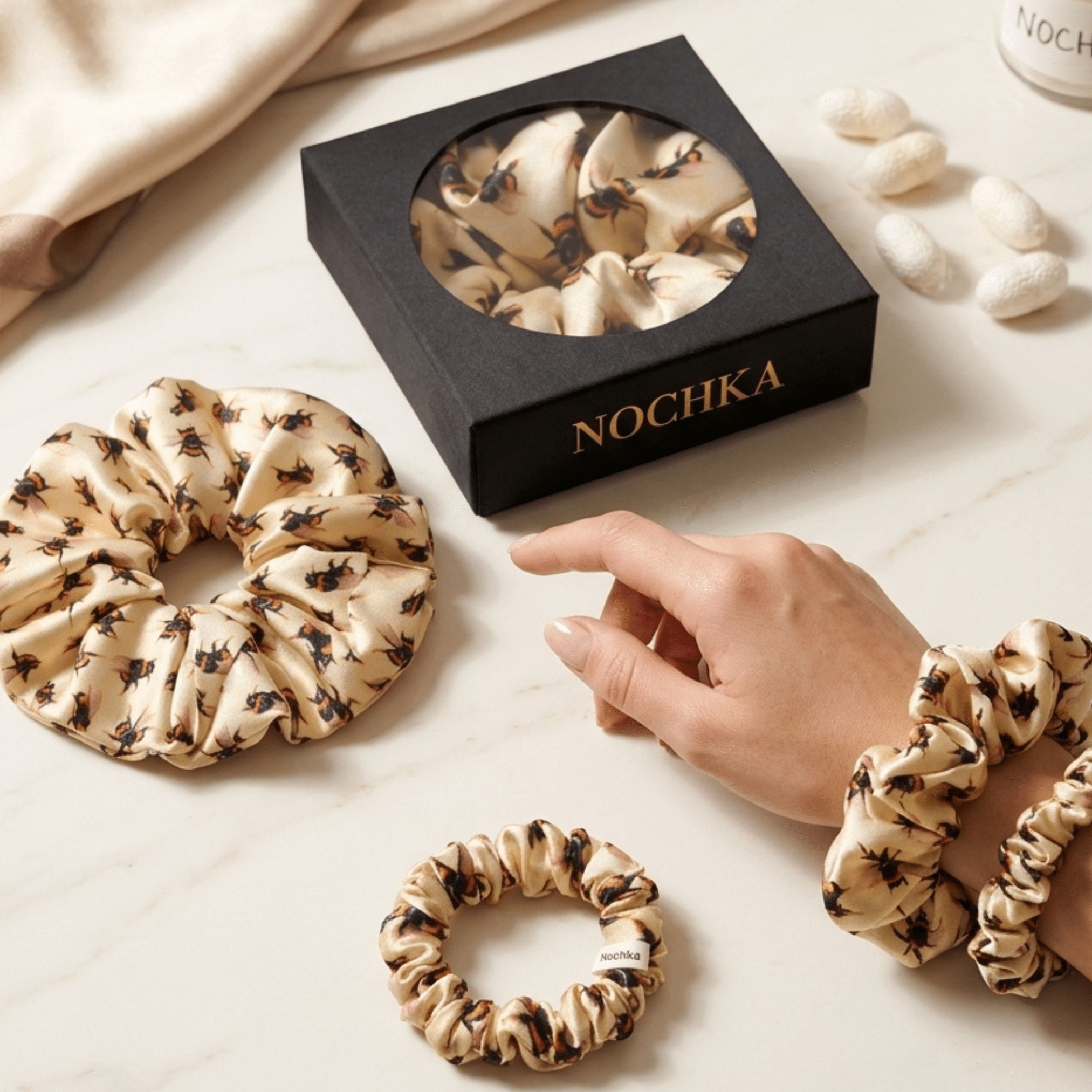 NOCHKA Bee's Print of Silk Scrunchies – Ultra Thin, Skinny, Regular & Jumbo - NOCHKA
