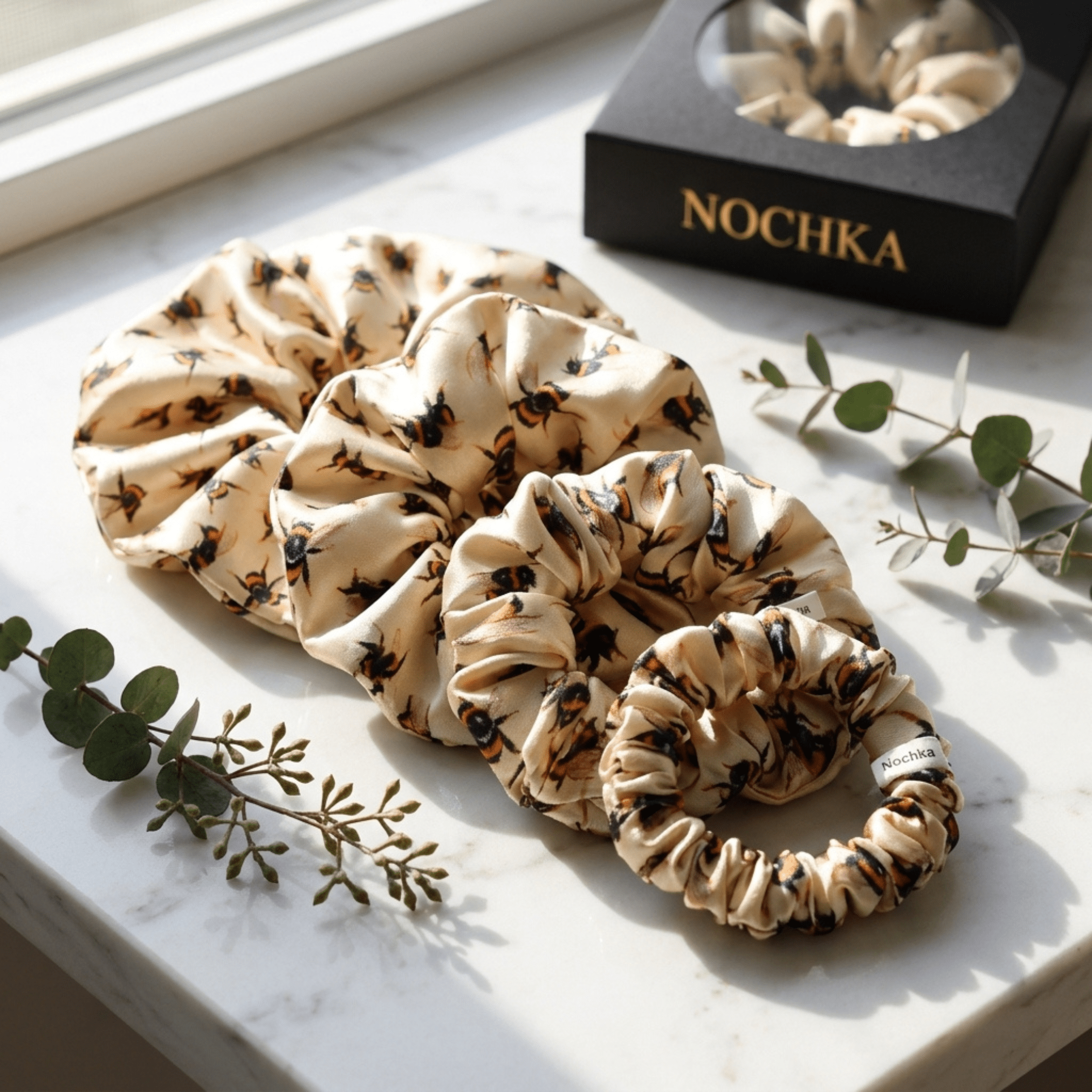 NOCHKA Bee's Print of Silk Scrunchies – Ultra Thin, Skinny, Regular & Jumbo - NOCHKA

