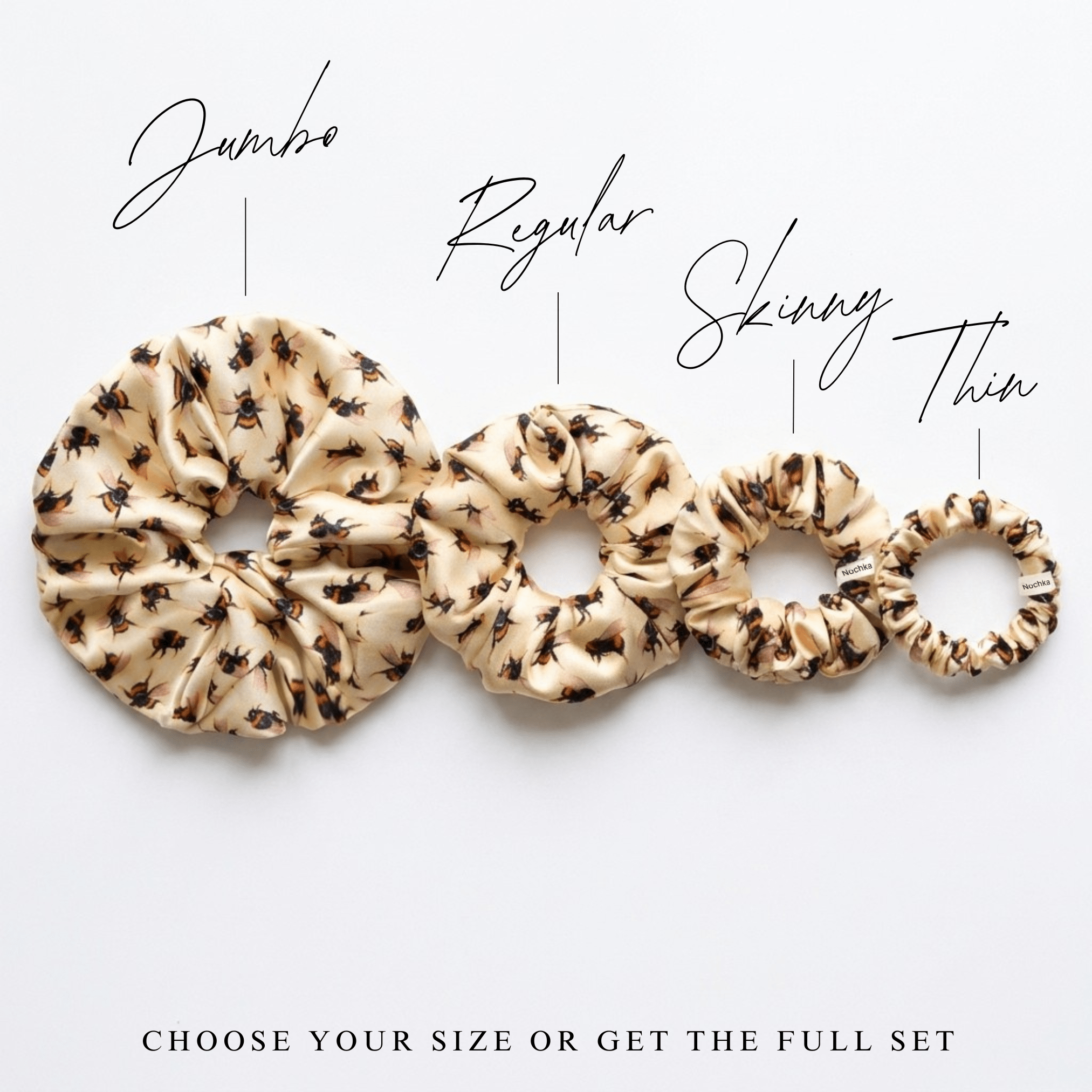 NOCHKA Bee's Print of Silk Scrunchies – Ultra Thin, Skinny, Regular & Jumbo - NOCHKA
