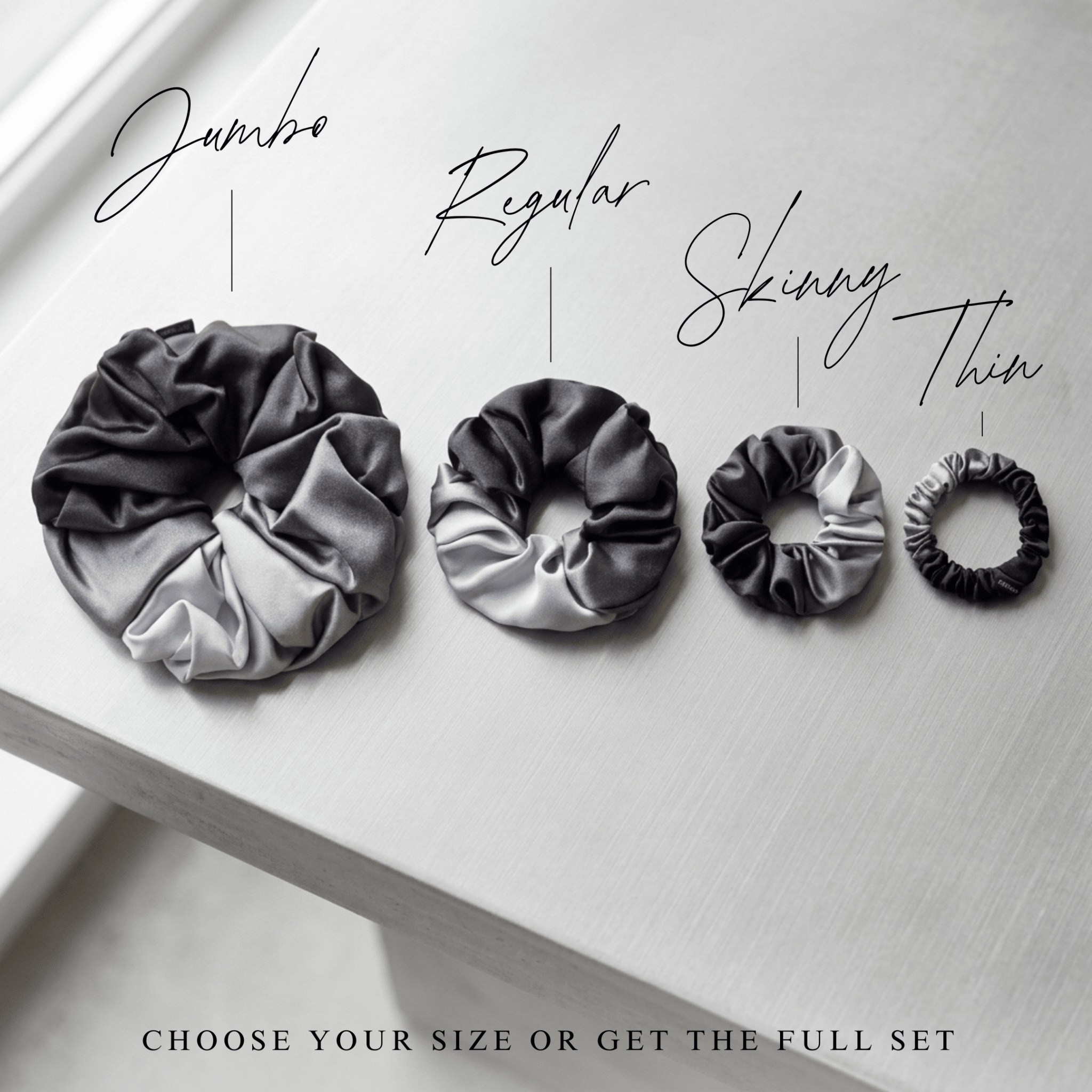 NOCHKA Black Gradient Print of Silk Scrunchies – Ultra Thin, Skinny, Regular & Jumbo - NOCHKA
