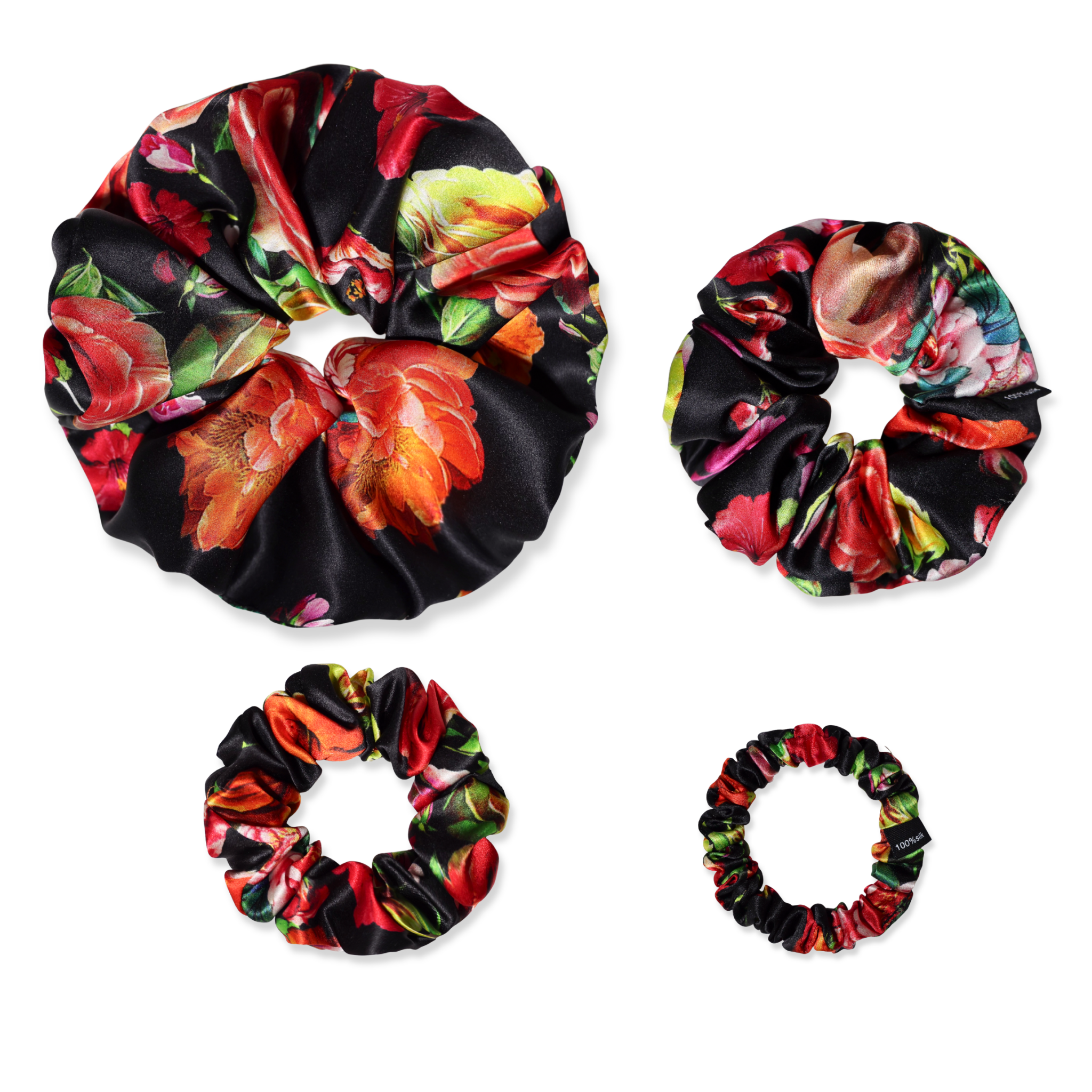 NOCHKA Black Peonies Print of Silk Scrunchies – Ultra Thin, Skinny, Regular & Jumbo - NOCHKA