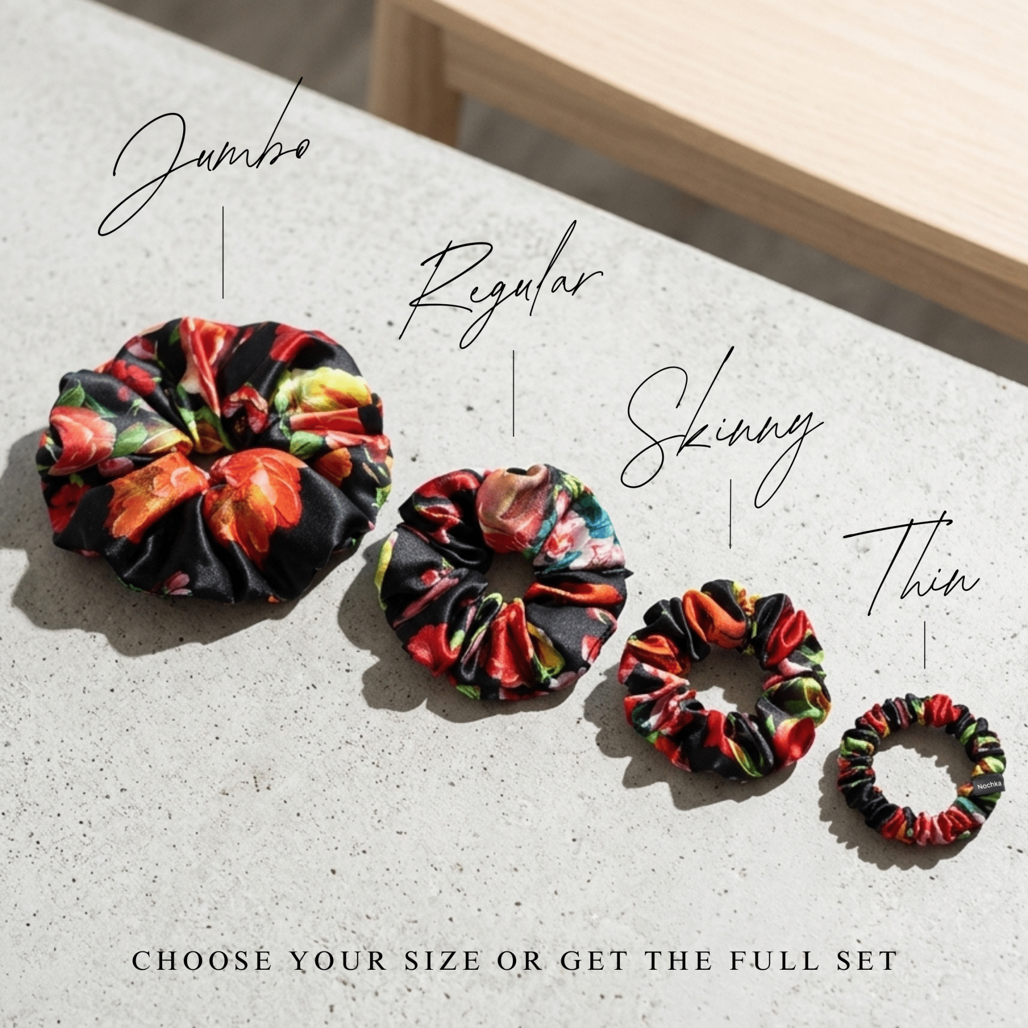 NOCHKA Black Peonies Print of Silk Scrunchies – Ultra Thin, Skinny, Regular & Jumbo - NOCHKA
