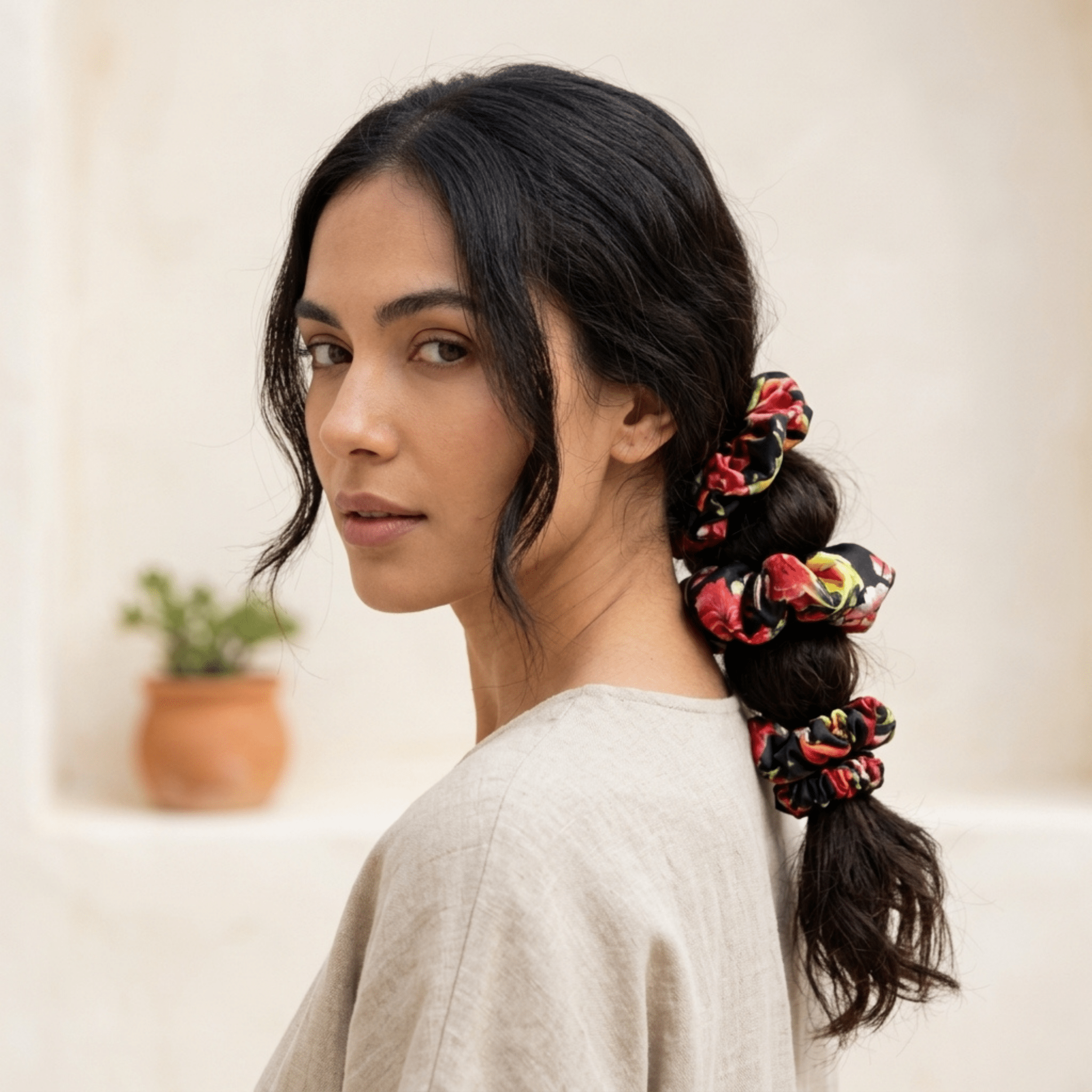 NOCHKA Black Peonies Print of Silk Scrunchies – Ultra Thin, Skinny, Regular & Jumbo - NOCHKA
