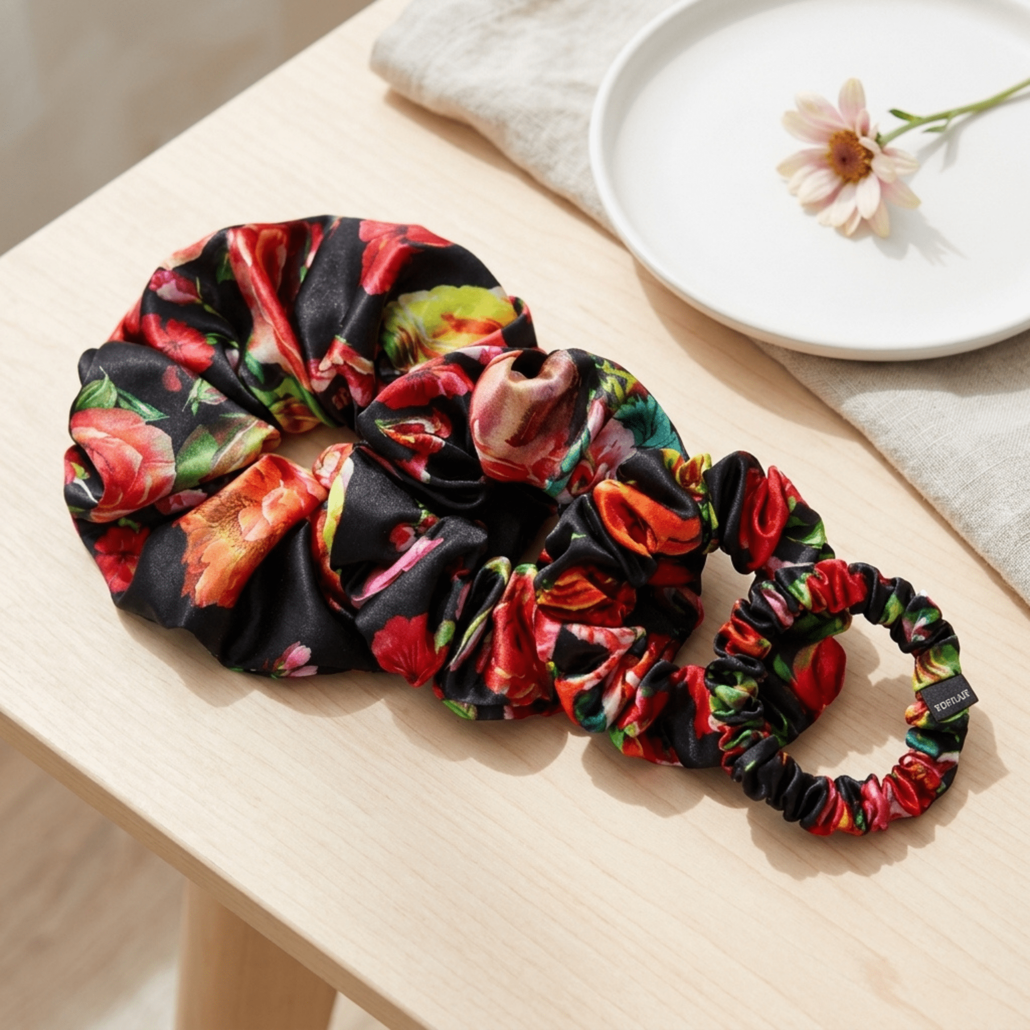 NOCHKA Black Peonies Print of Silk Scrunchies – Ultra Thin, Skinny, Regular & Jumbo - NOCHKA
