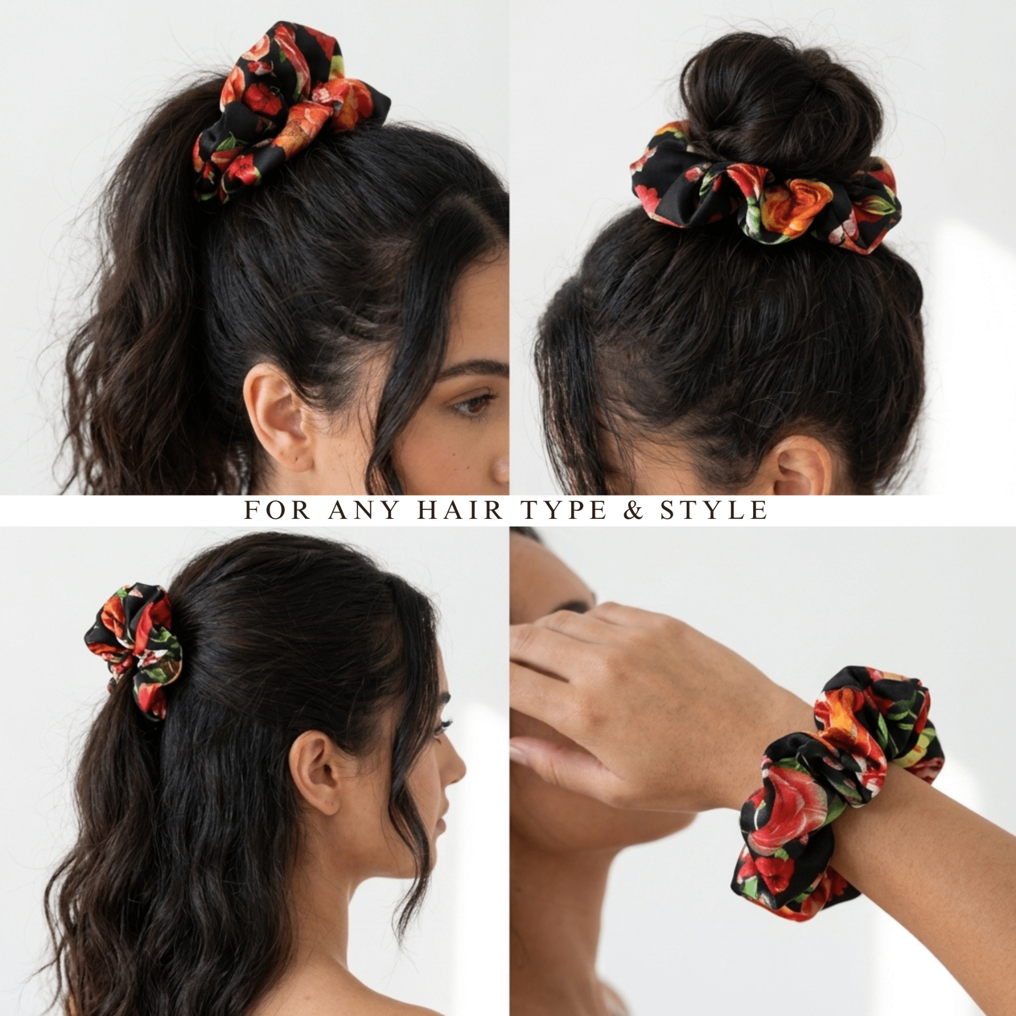 NOCHKA Black Peonies Print of Silk Scrunchies – Ultra Thin, Skinny, Regular & Jumbo - NOCHKA

