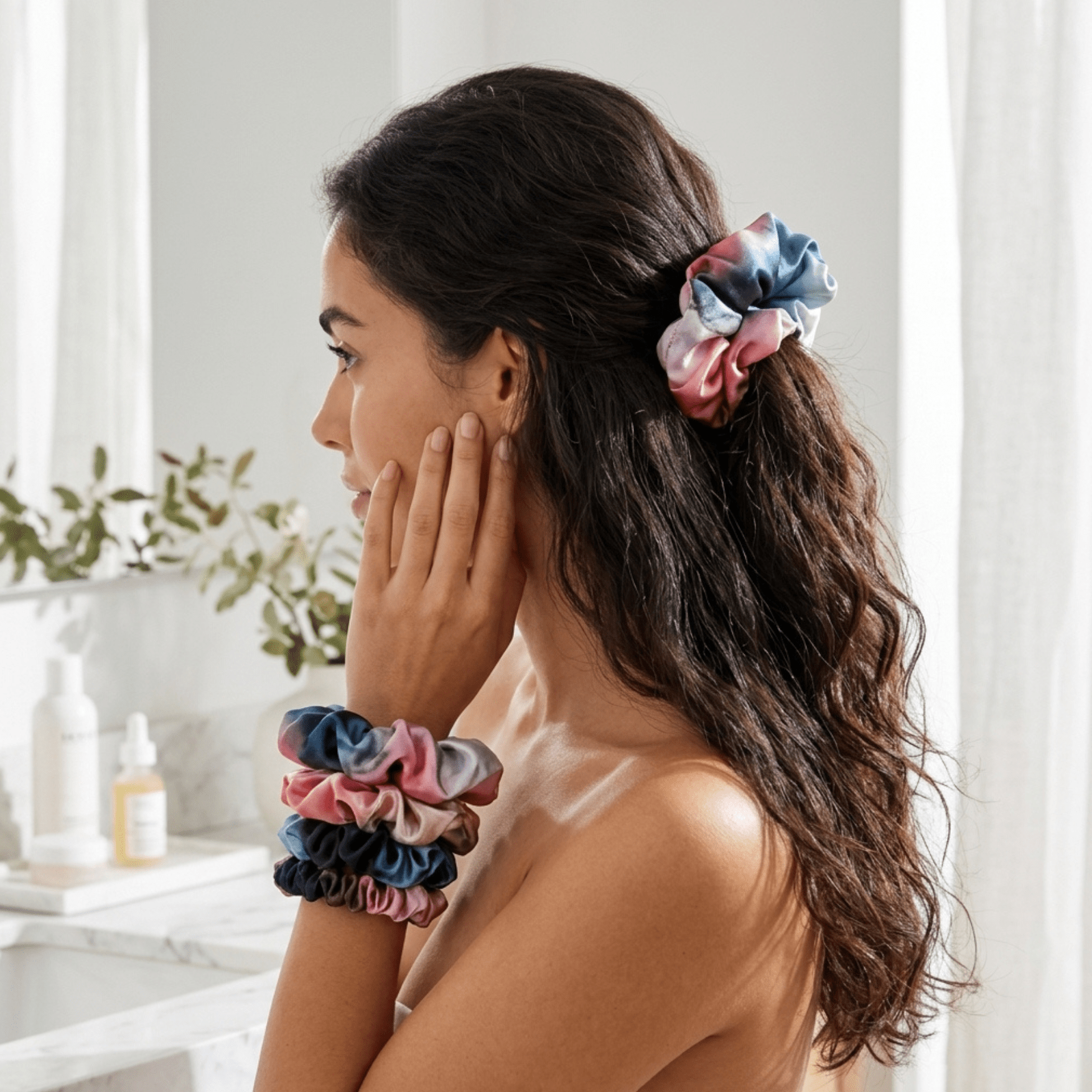 NOCHKA Blue & Blush Print of Silk Scrunchies – Ultra Thin, Skinny, Regular & Jumbo - NOCHKA
