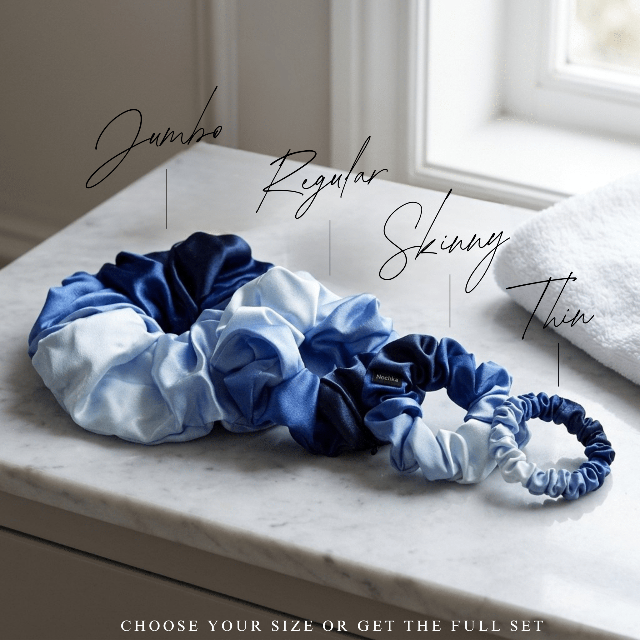 NOCHKA Blue Gradient Print of Silk Scrunchies – Ultra Thin, Skinny, Regular & Jumbo - NOCHKA
