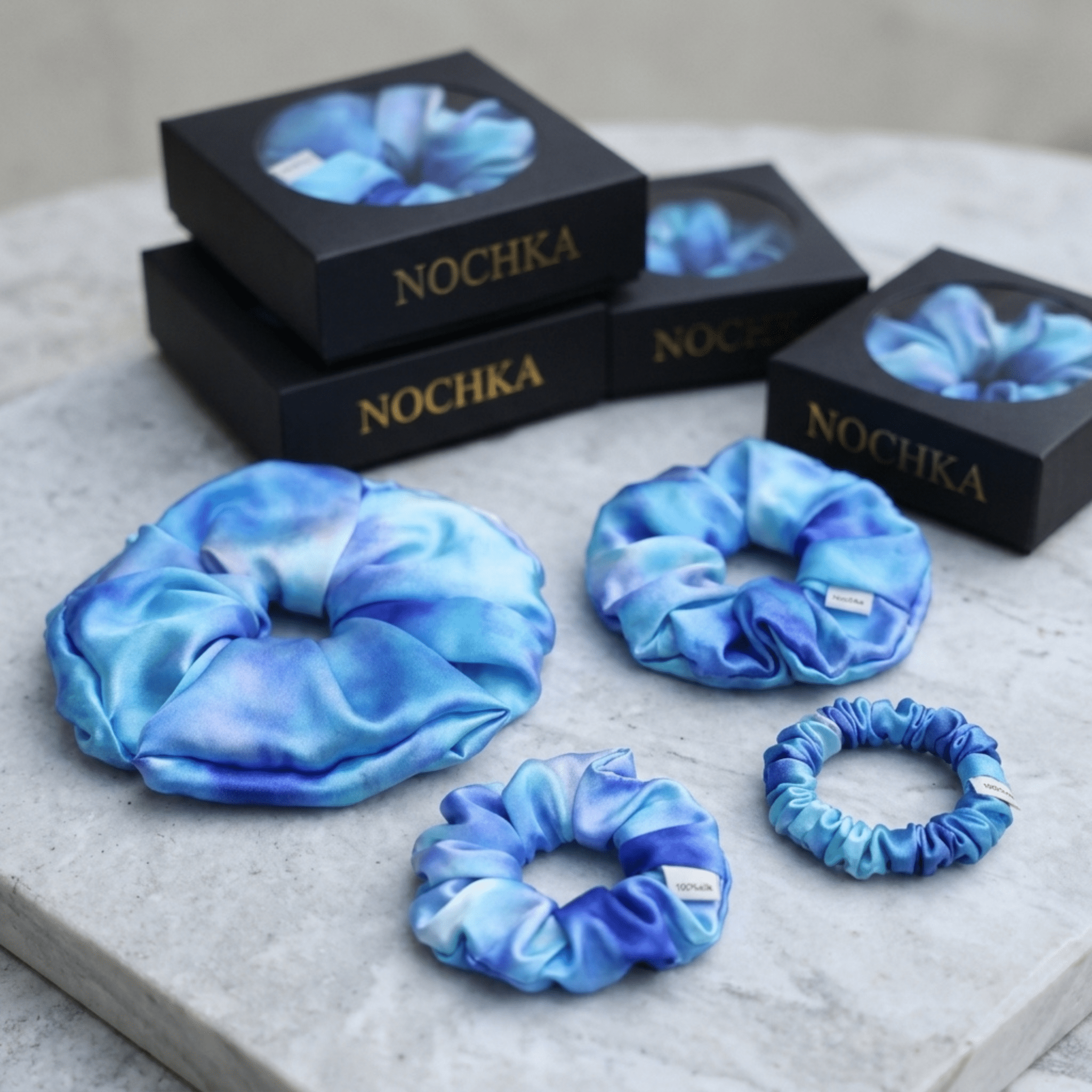 NOCHKA Blue Tie Dye Print of Silk Scrunchies – Ultra Thin, Skinny, Regular & Jumbo - NOCHKA
