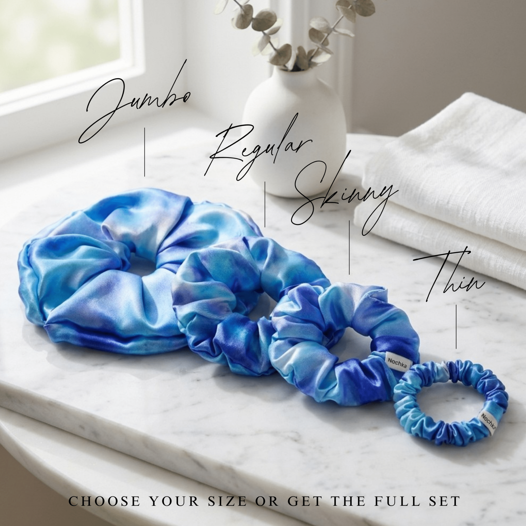 NOCHKA Blue Tie Dye Print of Silk Scrunchies – Ultra Thin, Skinny, Regular & Jumbo - NOCHKA
