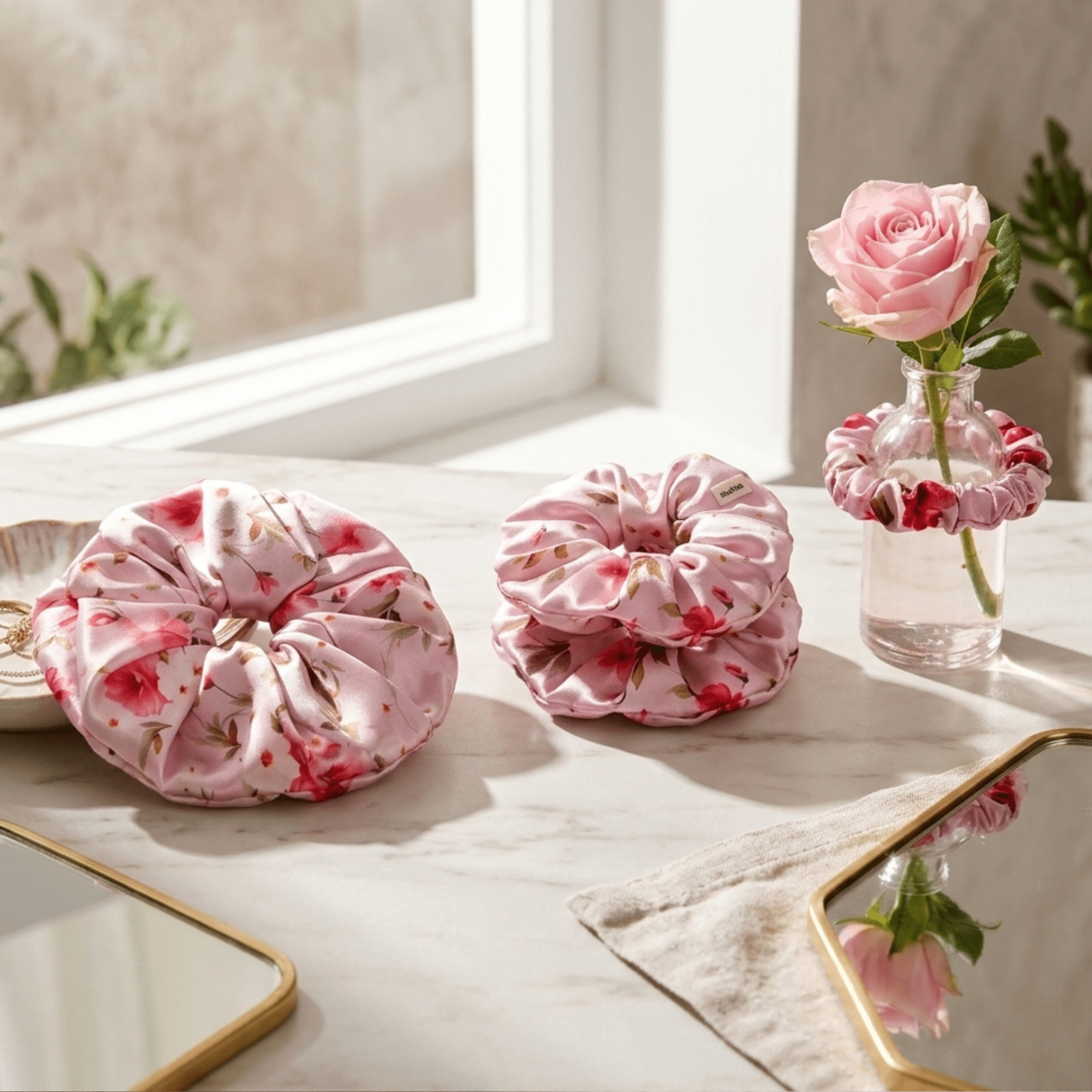 NOCHKA Cherry Blossom Print of Silk Scrunchies – Ultra Thin, Skinny, Regular & Jumbo - NOCHKA
