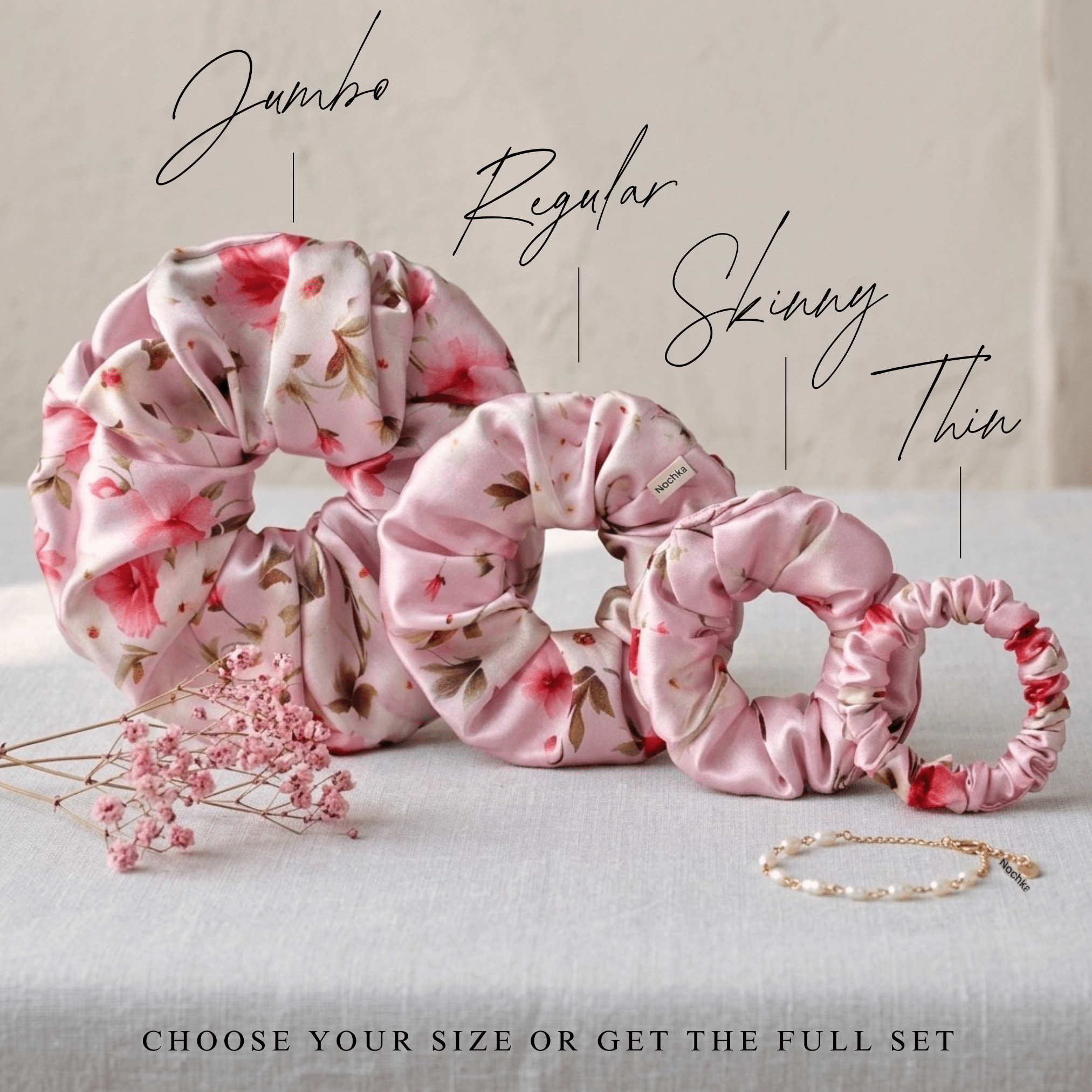 NOCHKA Cherry Blossom Print of Silk Scrunchies – Ultra Thin, Skinny, Regular & Jumbo - NOCHKA
