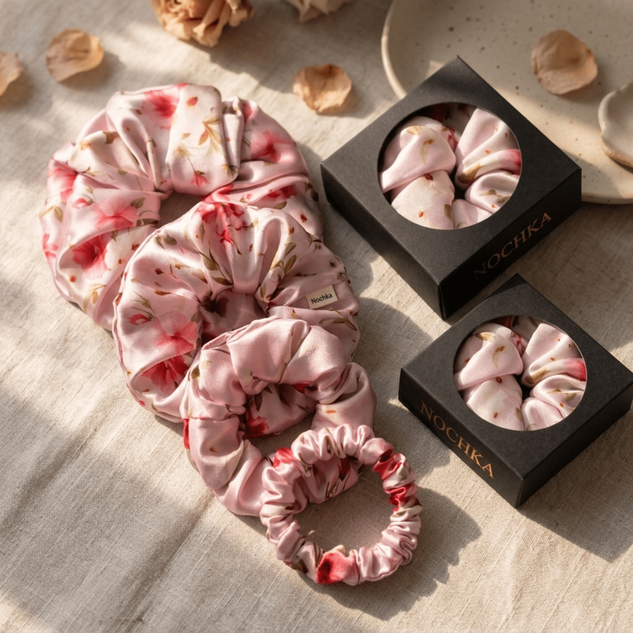 NOCHKA Cherry Blossom Print of Silk Scrunchies – Ultra Thin, Skinny, Regular & Jumbo - NOCHKA
